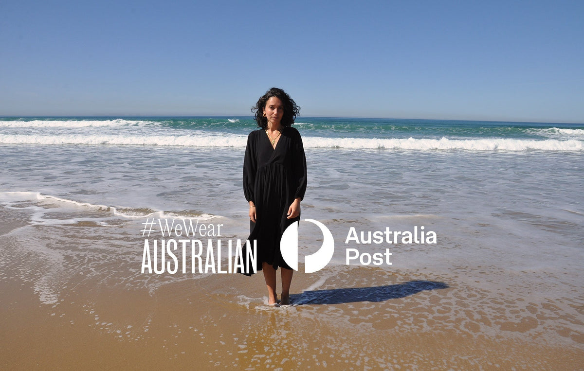 Tunik black Harper dress worn on the beach for the We Wear Australian and Australia Post partnership competition