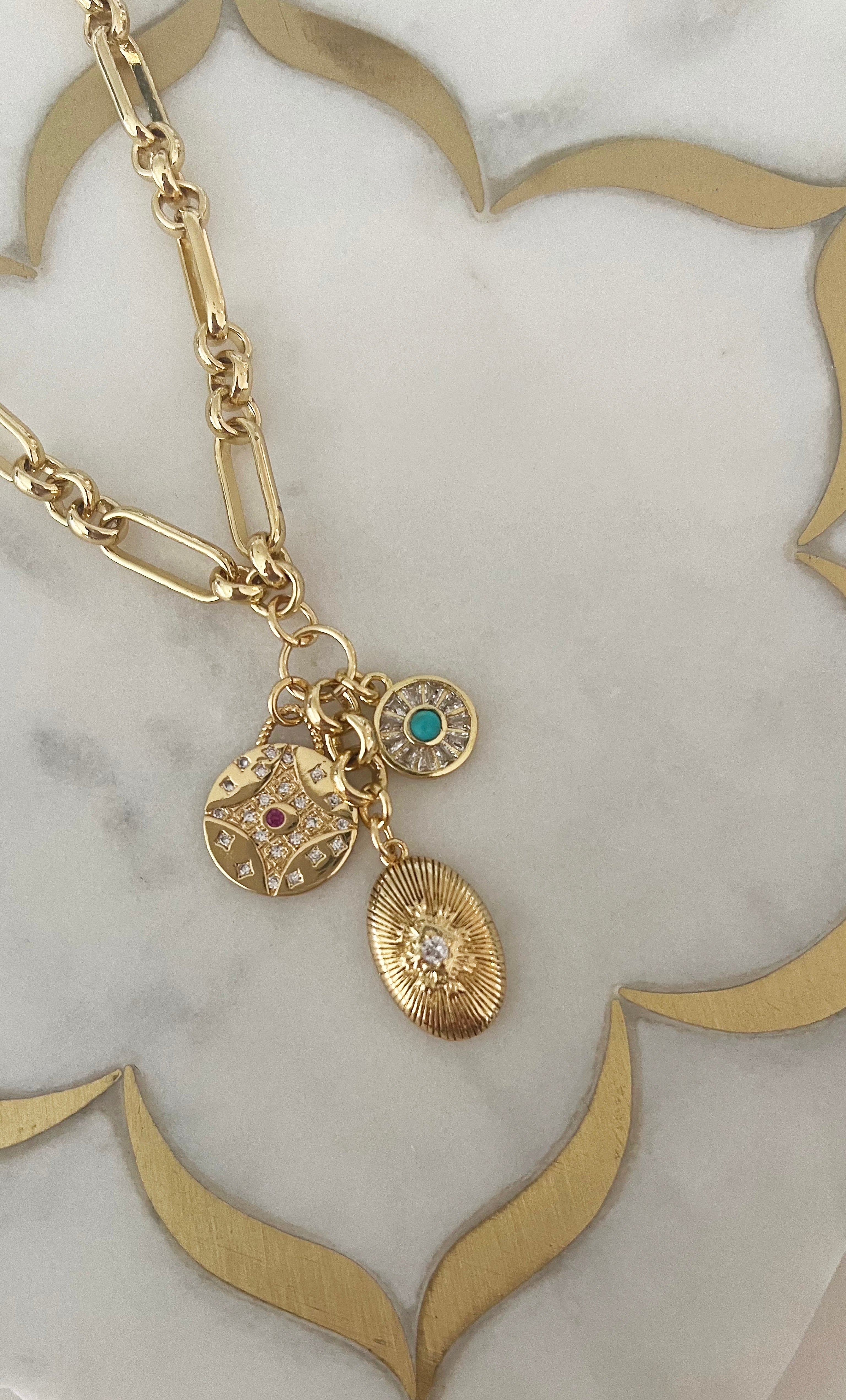 Tunik womens australian made to order vintage inspired charm necklace gold fill with trio of charms including semi precious stones
