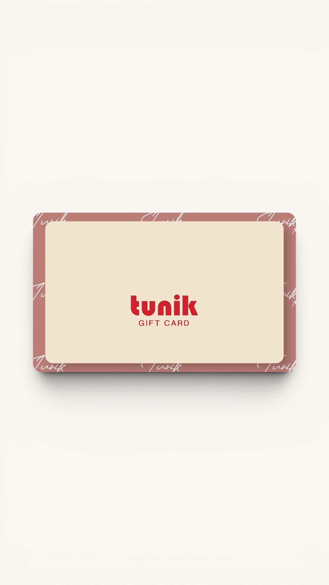 Rectangular gift card with a beige center and muted pink border featuring delicate white line patterns, branded with red.
