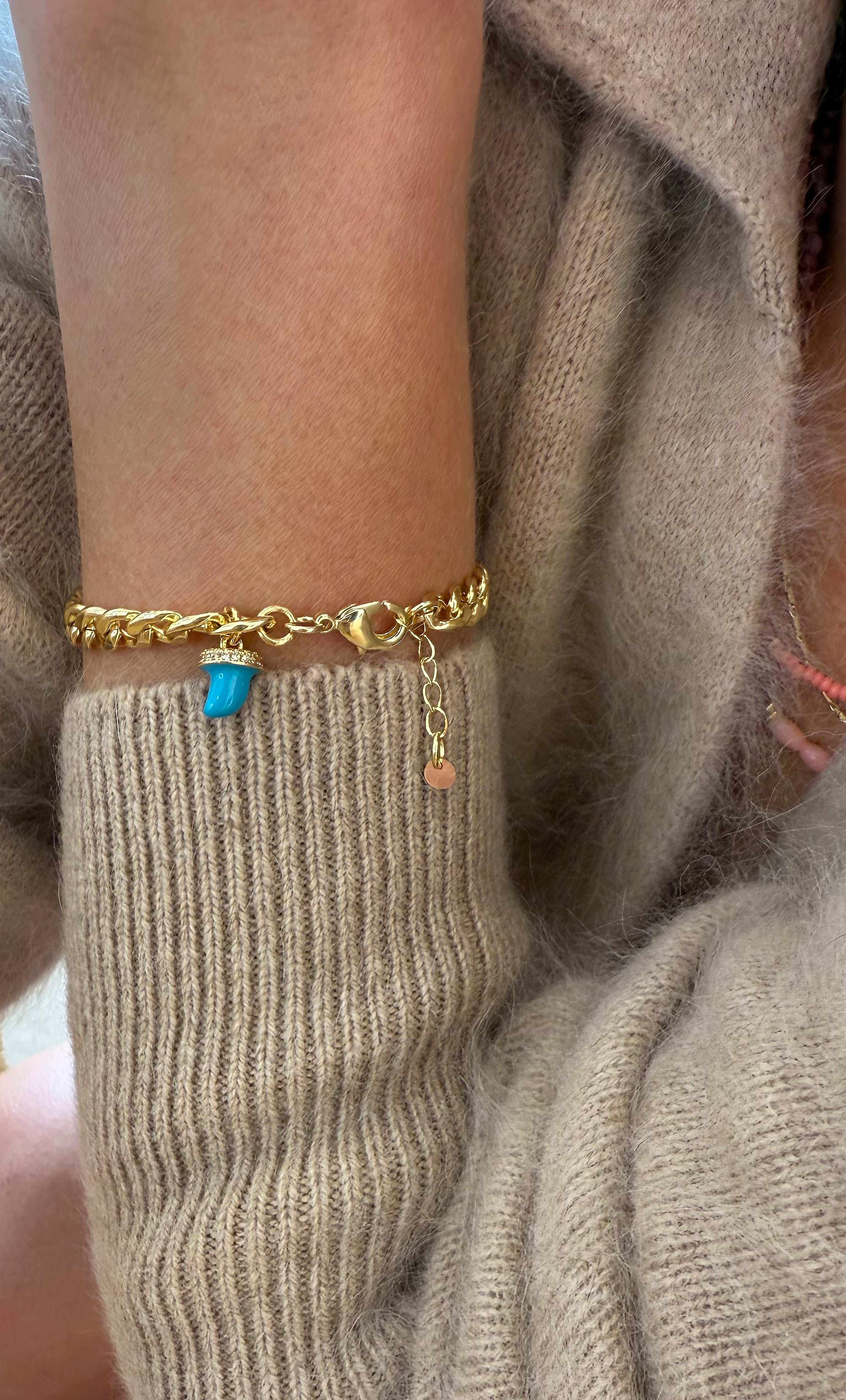 Blue Horn Good Luck Charm Chain Bracelet - Gold Fill Handmade | Tunik