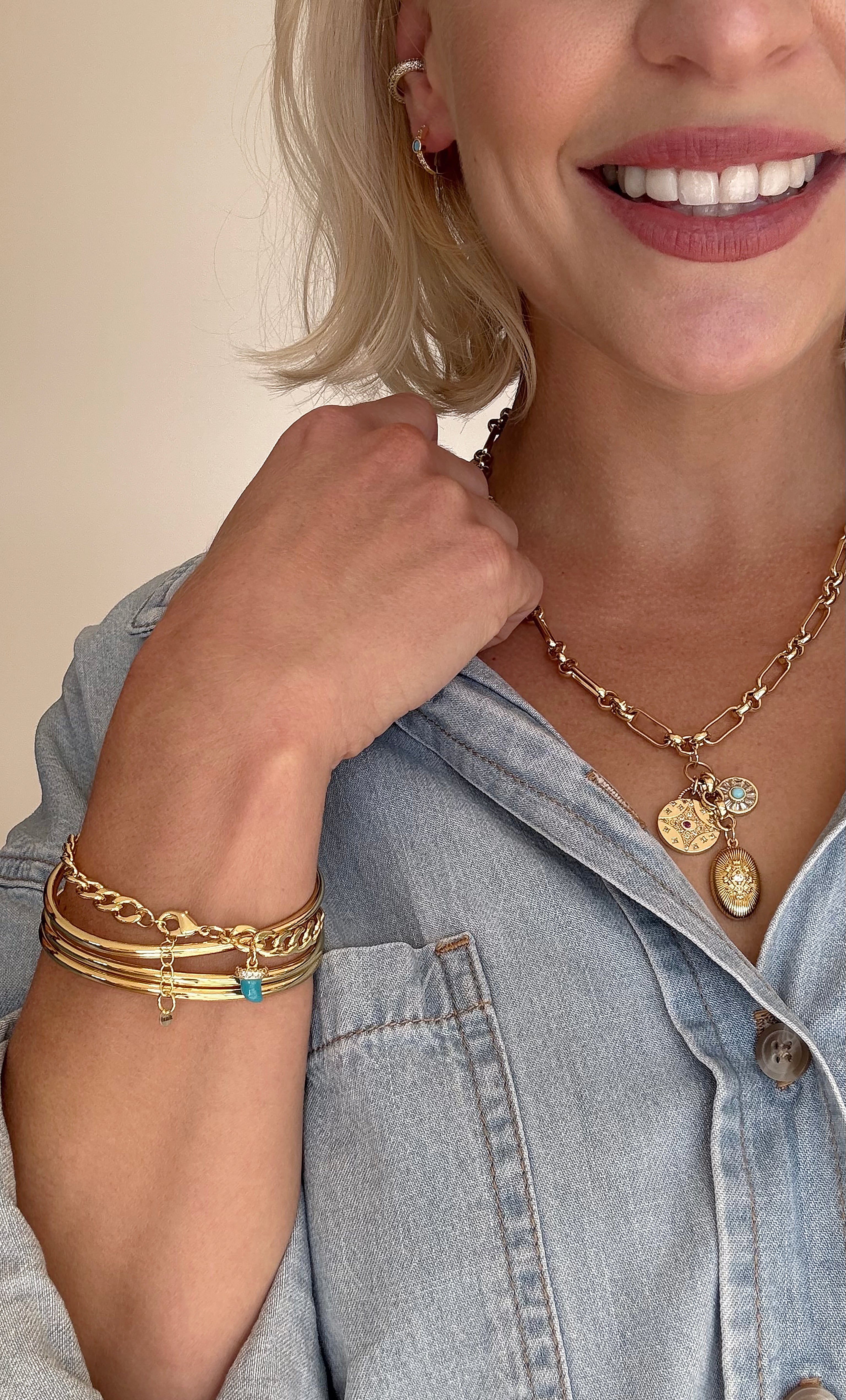 Blue Horn Good Luck Charm Chain Bracelet - Gold Fill Handmade | Tunik