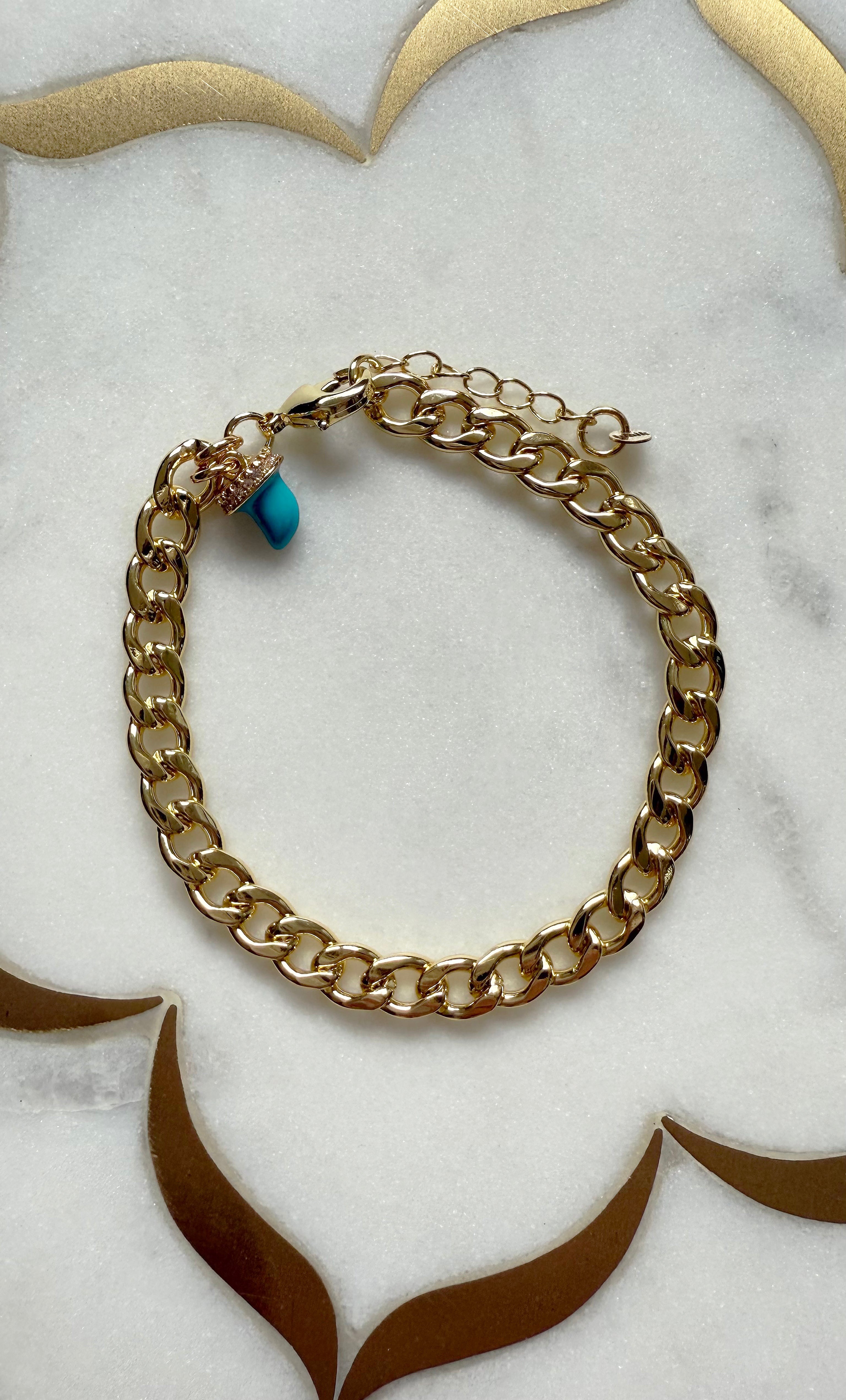 Blue Horn Good Luck Charm Chain Bracelet - Gold Fill Handmade | Tunik