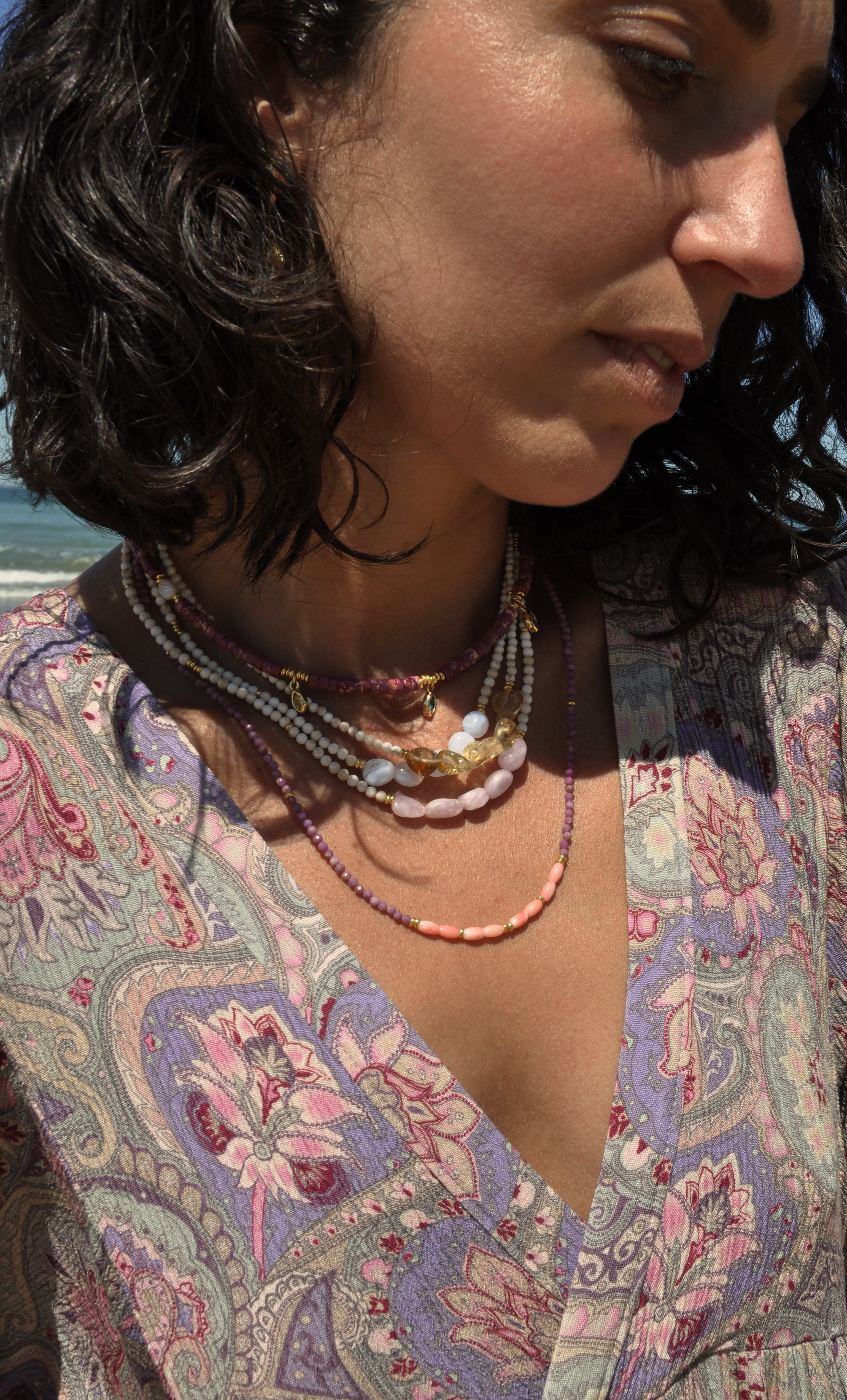 Madre Coral & Lepidolite Necklace – Handmade Gemstone Beaded | Tunik