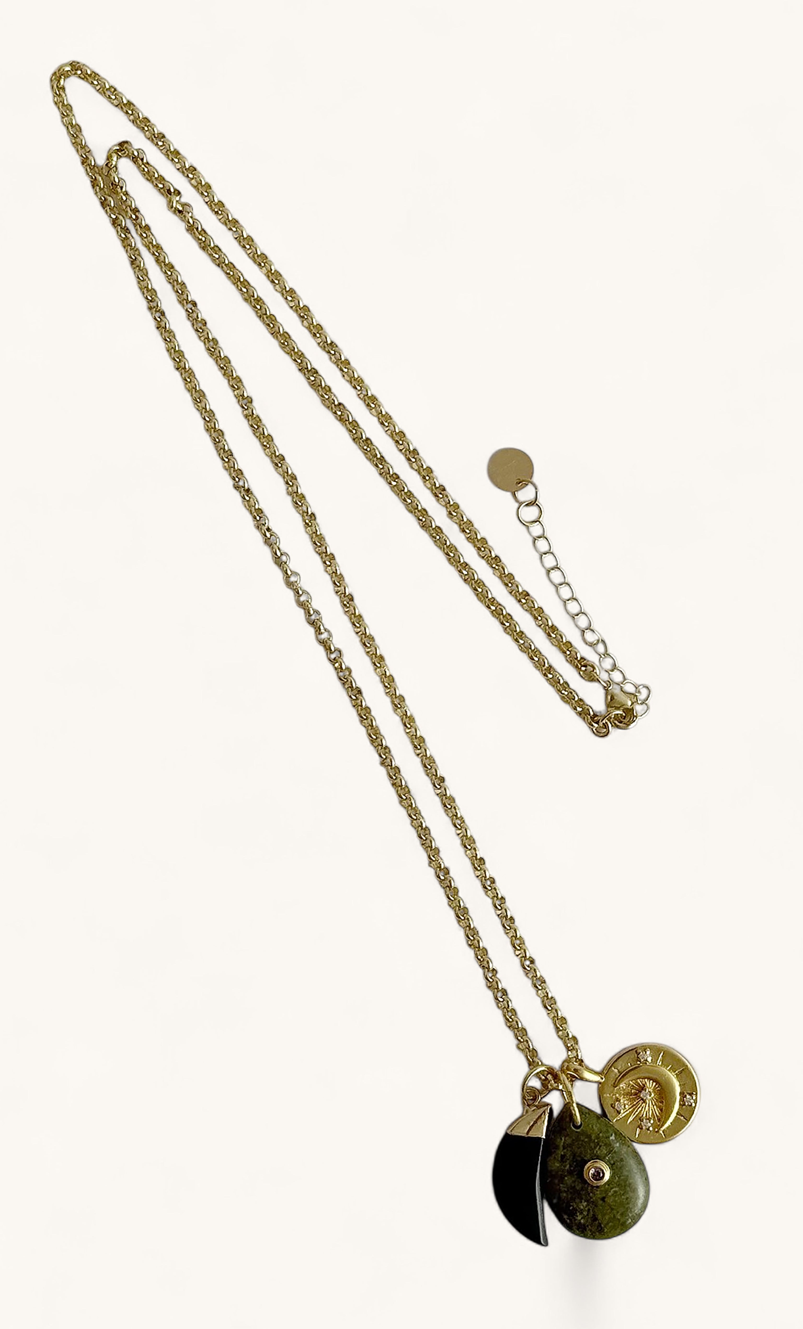 Tunik gold fill rolo chain necklace with three small round charm pendants in gold and black, jewellery gifts.