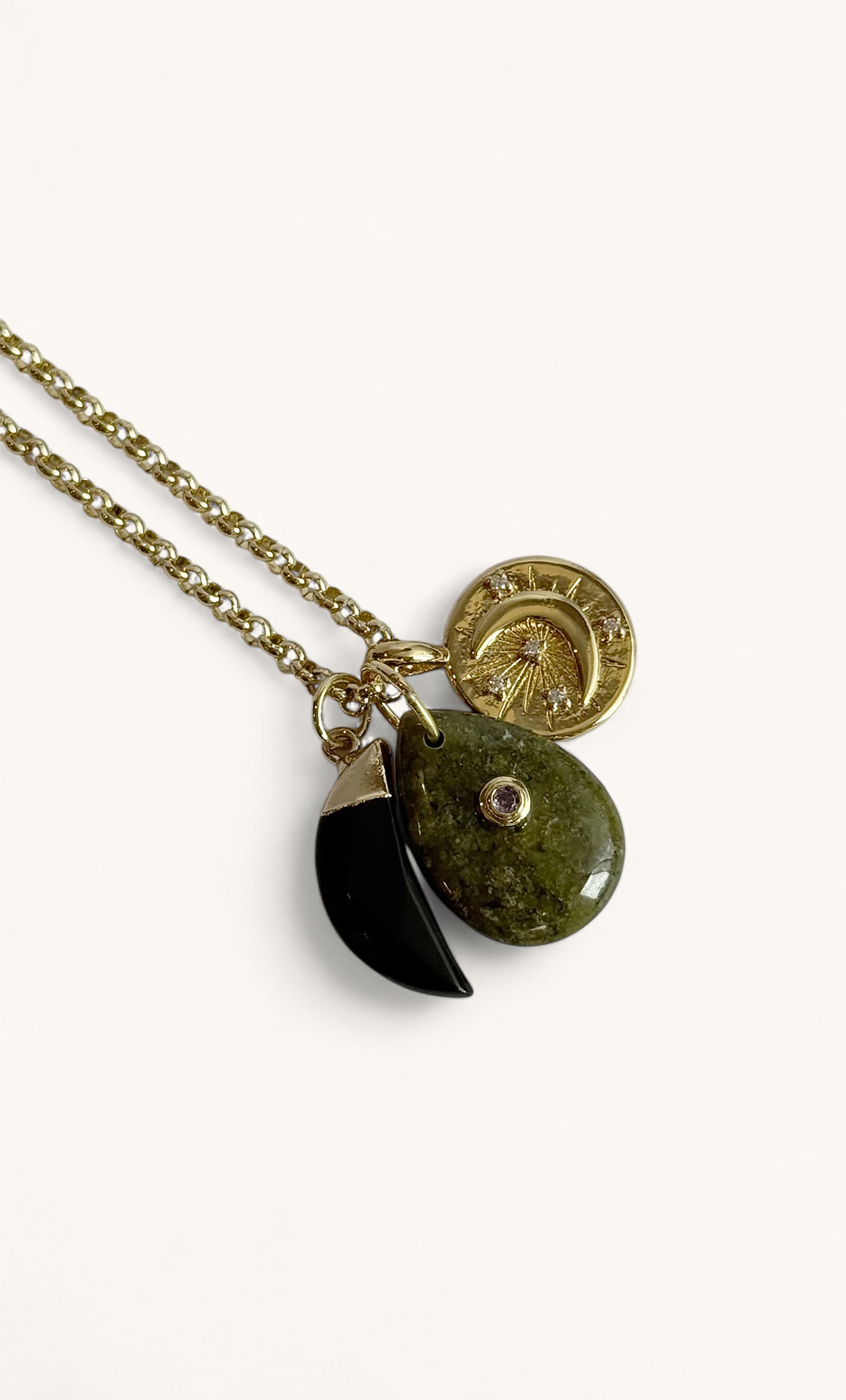 Tunik gold fill rolo chain necklace with green opal and black stone charms, elegant jewellery gift.