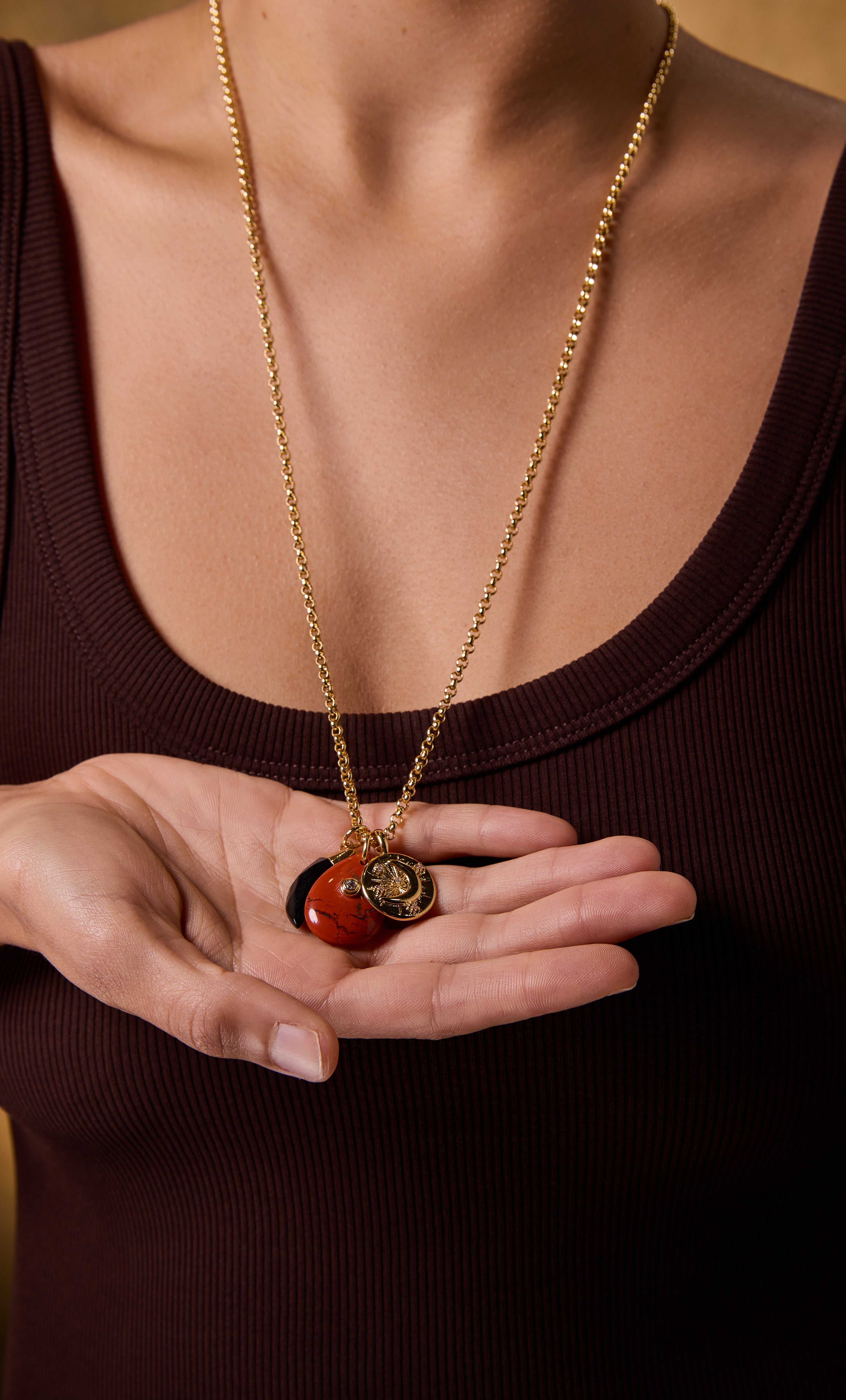 Tunik gold fill necklace with carnelian charm pendant on a rolo chain, styled as jewellery gift.