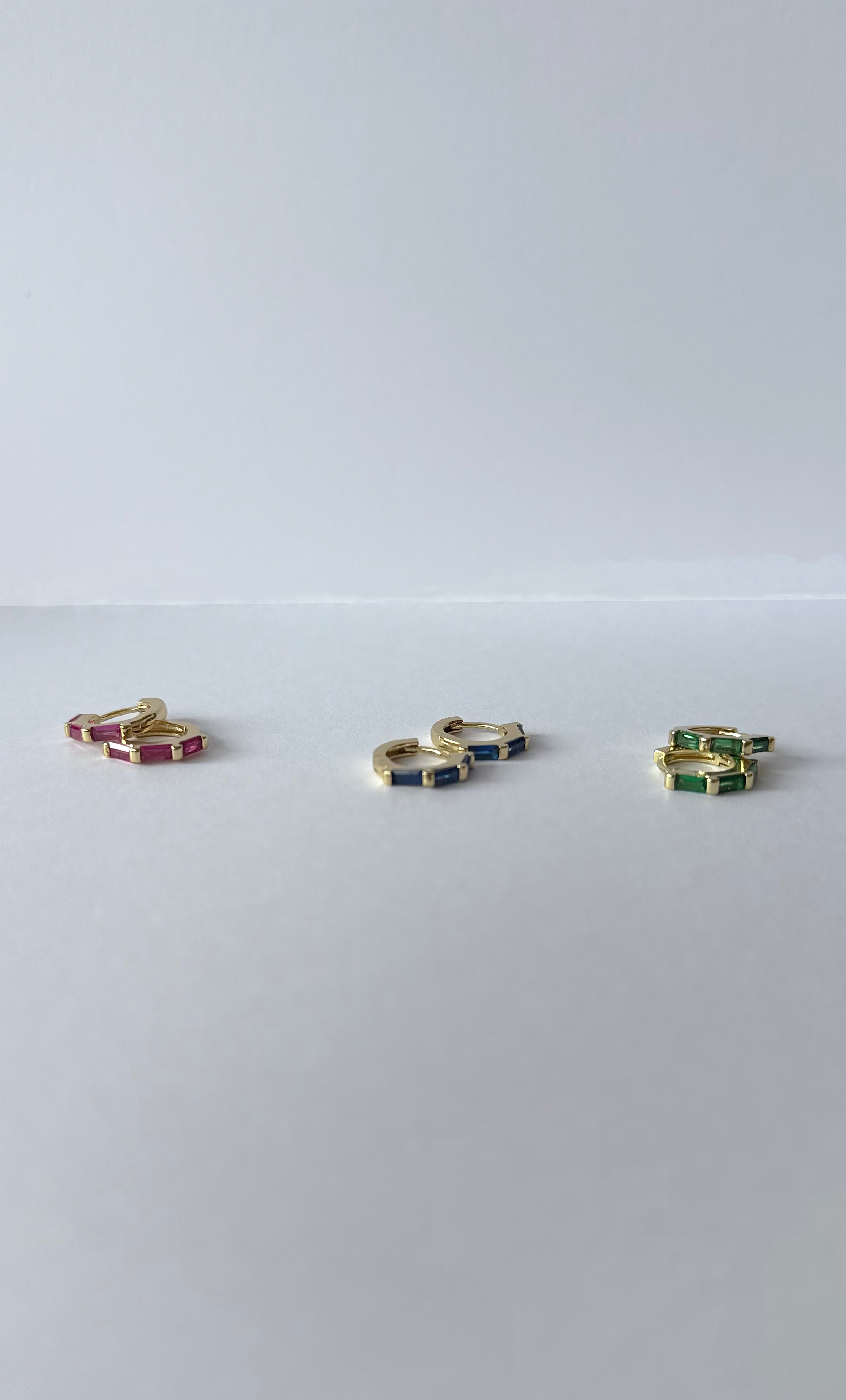 3 Stone Baguette Huggie Earrings in Magenta, Blue, and Green gold fill by Tunik the label, jewellery gifts.