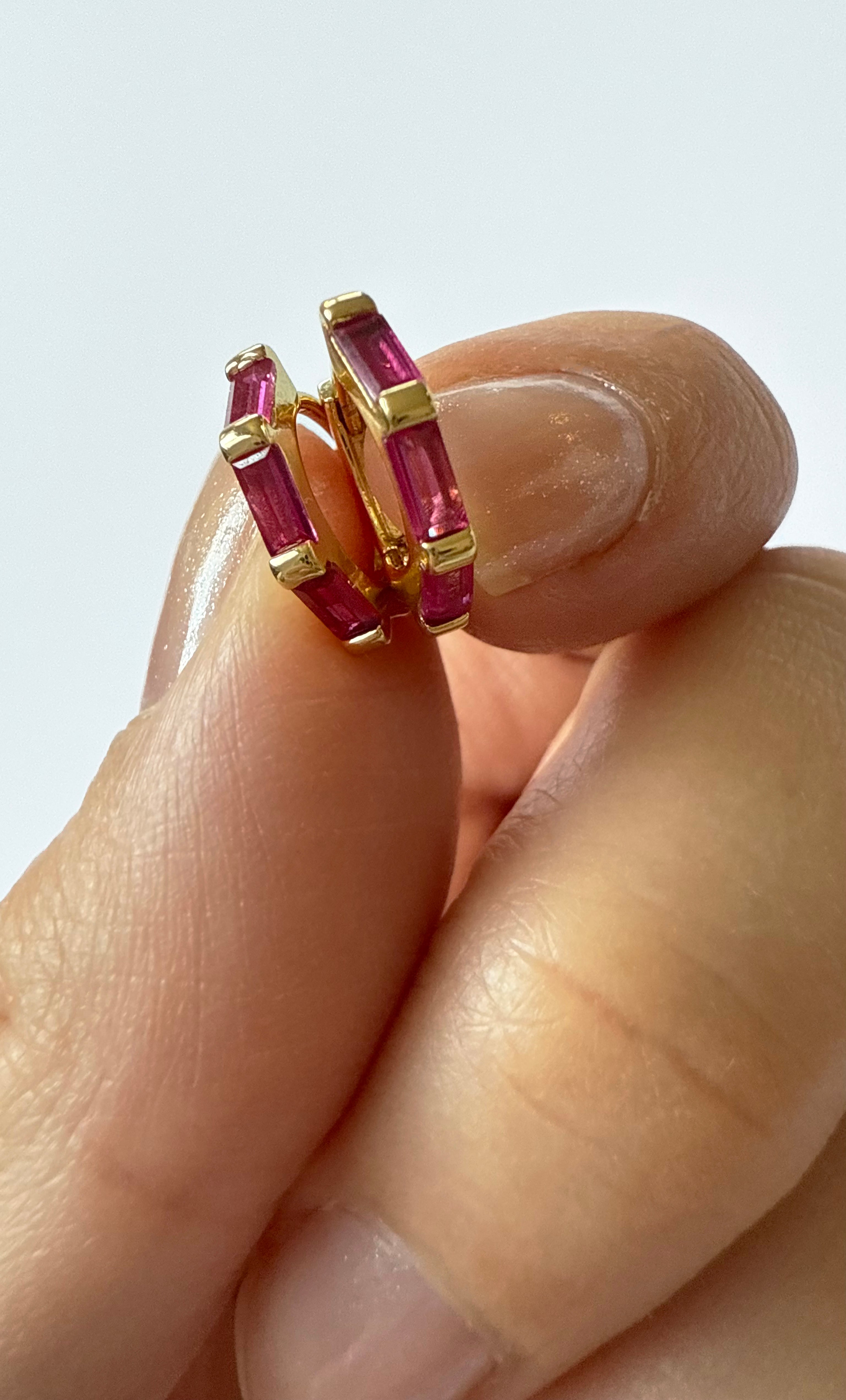 Gold fill 3 stone baguette magenta huggie earrings by Tunik the Label, stylish jewellery gift.