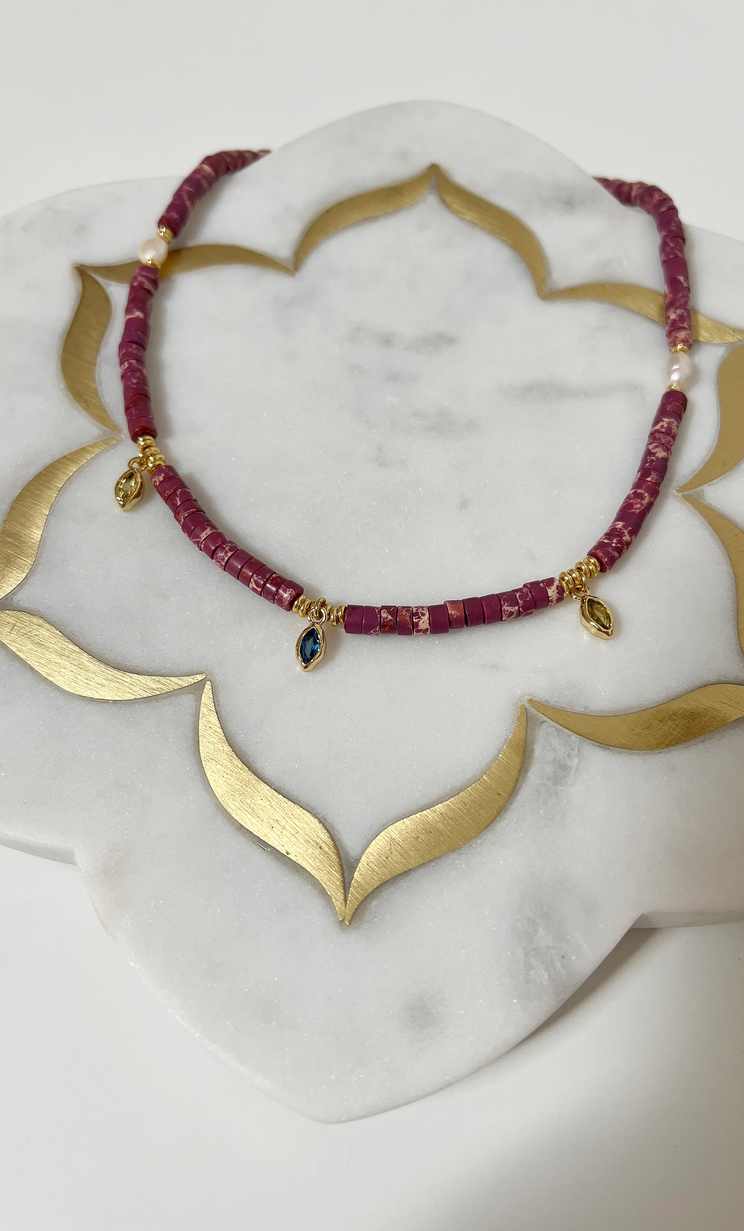 Ceres Heishi Beaded Necklace - Cerise - Gold Fill Charms | Tunik