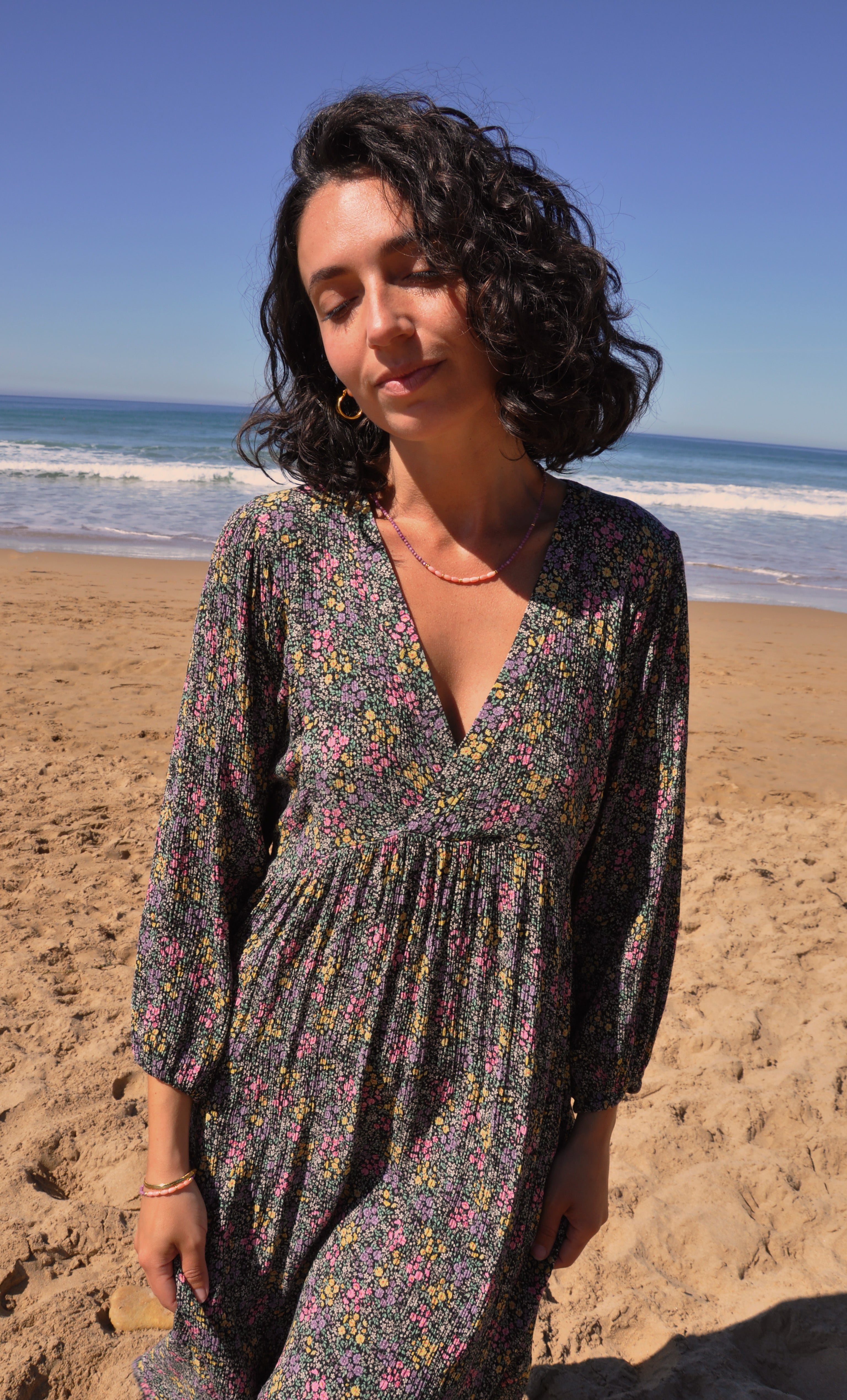 Harper Midi Dress – Flower Fields Print in Crinkle Viscose | Tunik Australia