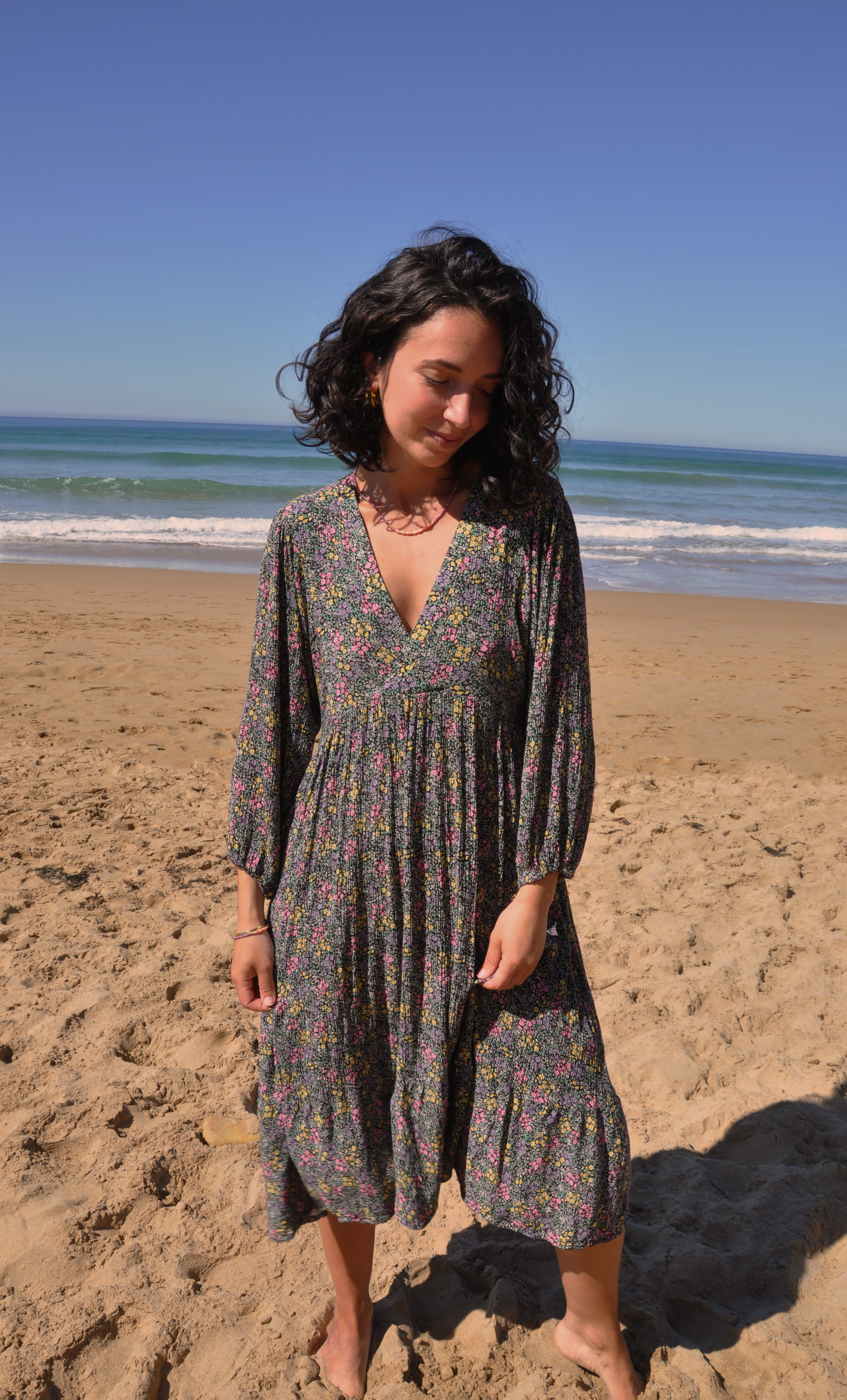 Harper Midi Dress – Flower Fields Print in Crinkle Viscose | Tunik Australia