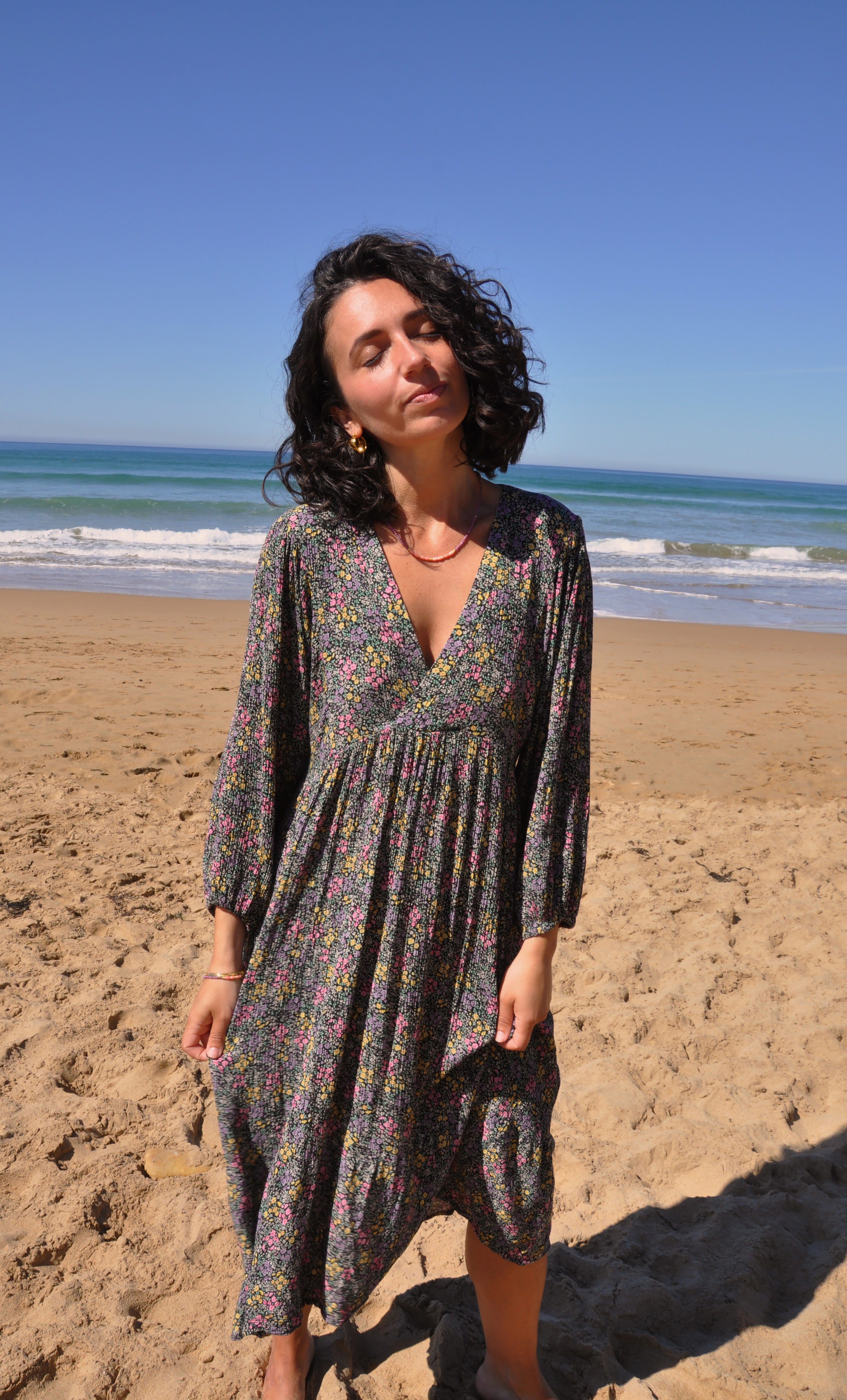 Harper Midi Dress – Flower Fields Print in Crinkle Viscose | Tunik Australia