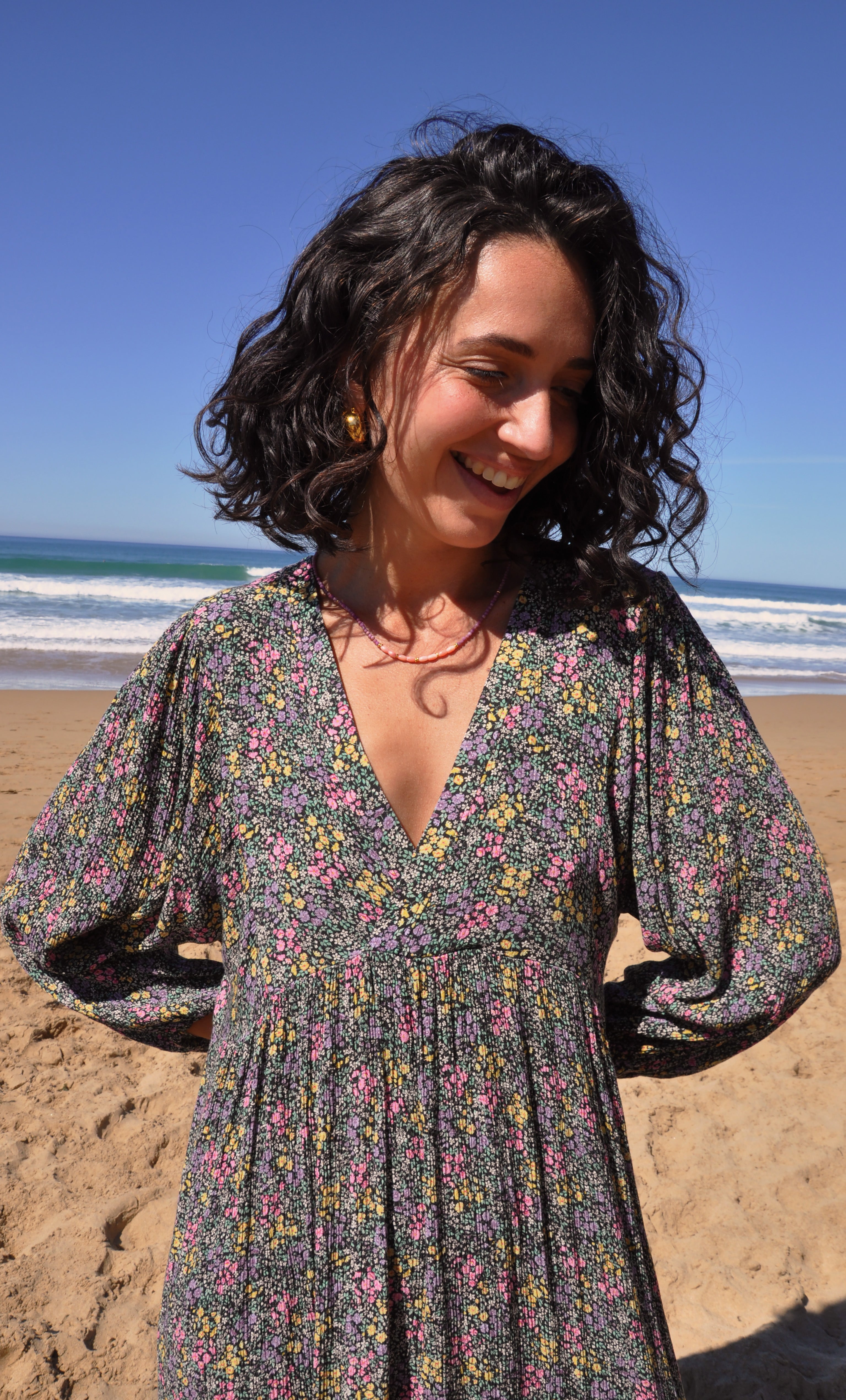 Harper Midi Dress – Flower Fields Print in Crinkle Viscose | Tunik Australia