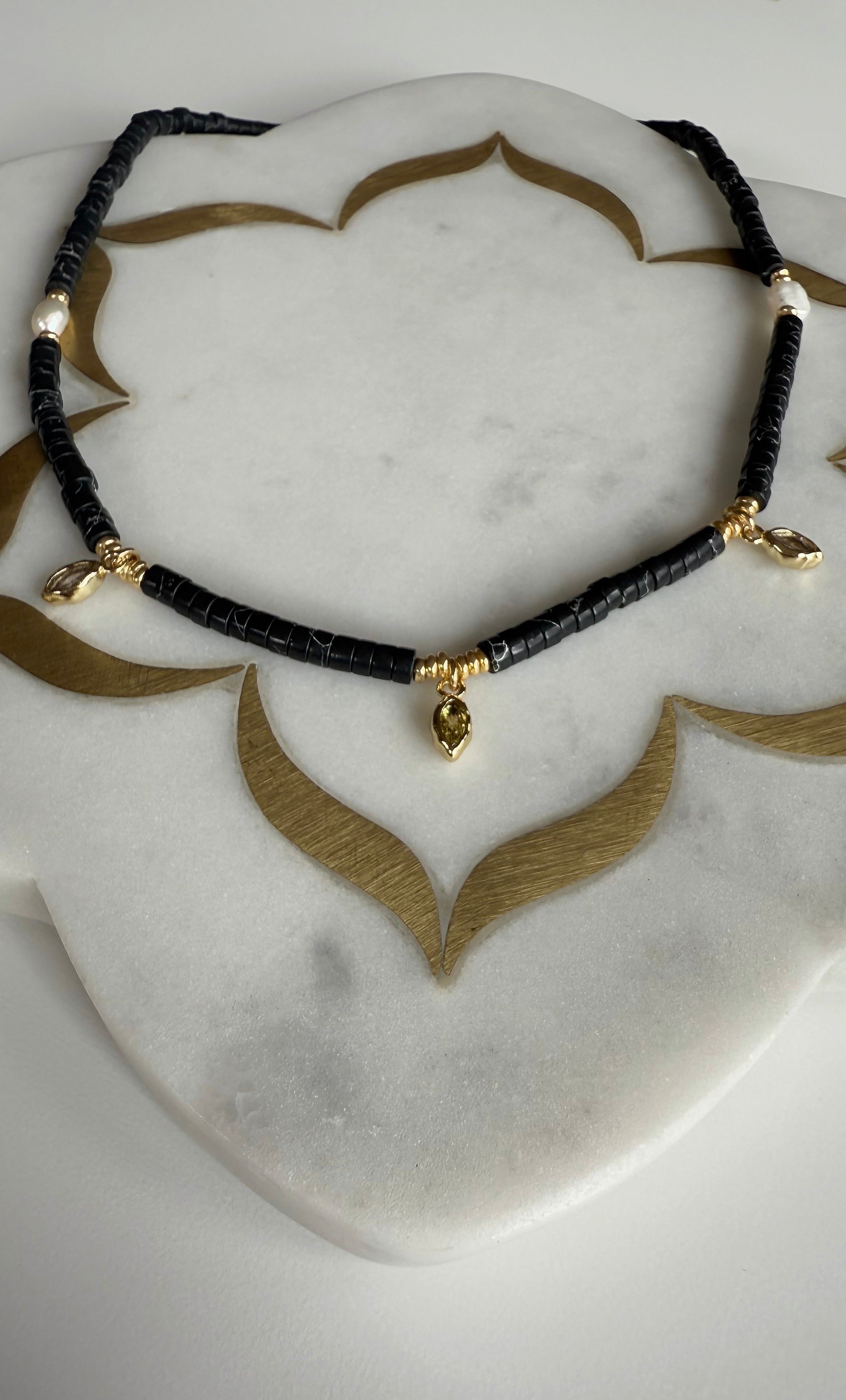 Ceres Heishi Beaded Necklace - Black - Gold Fill Charms | Tunik