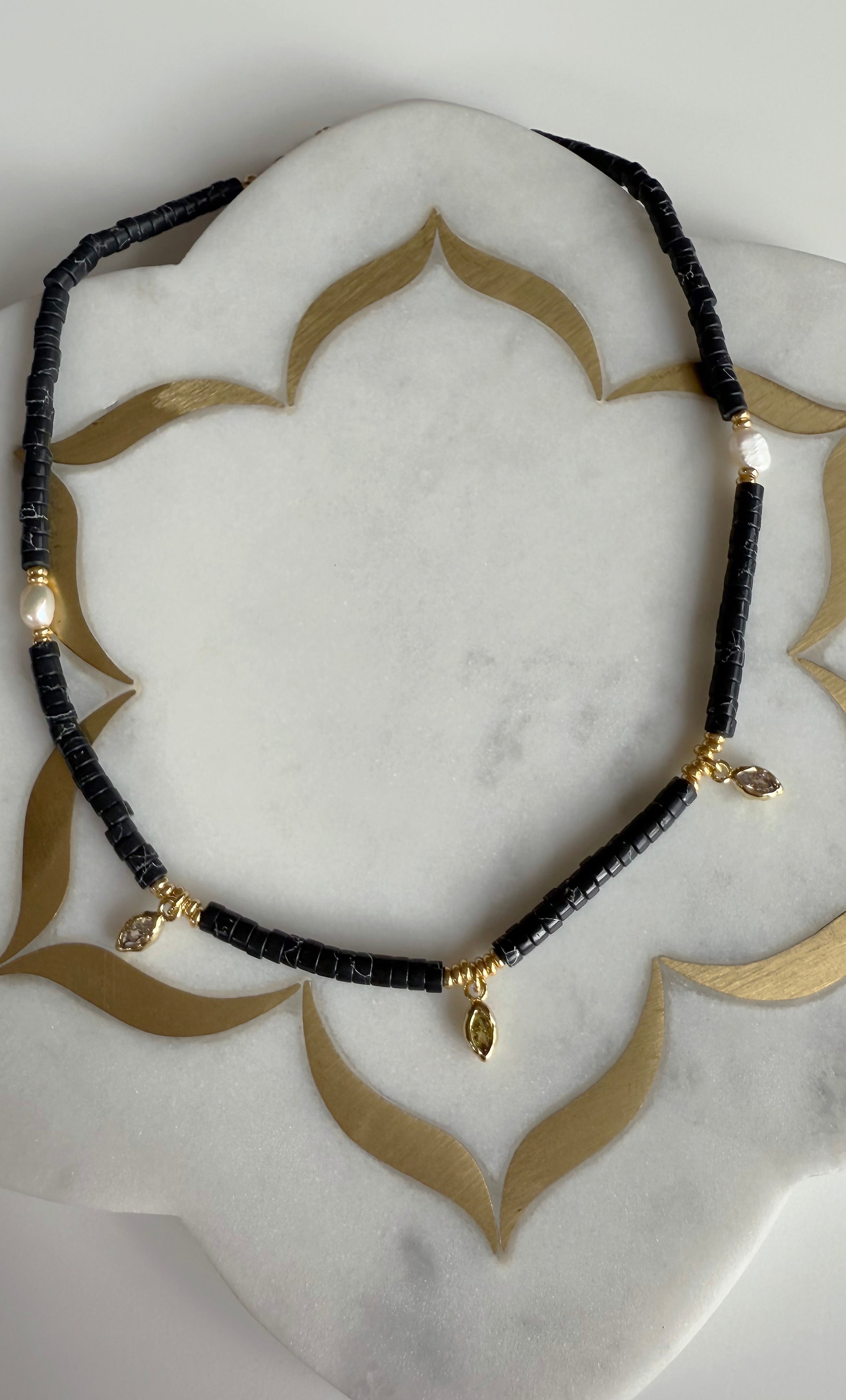 Ceres Heishi Beaded Necklace - Black - Gold Fill Charms | Tunik