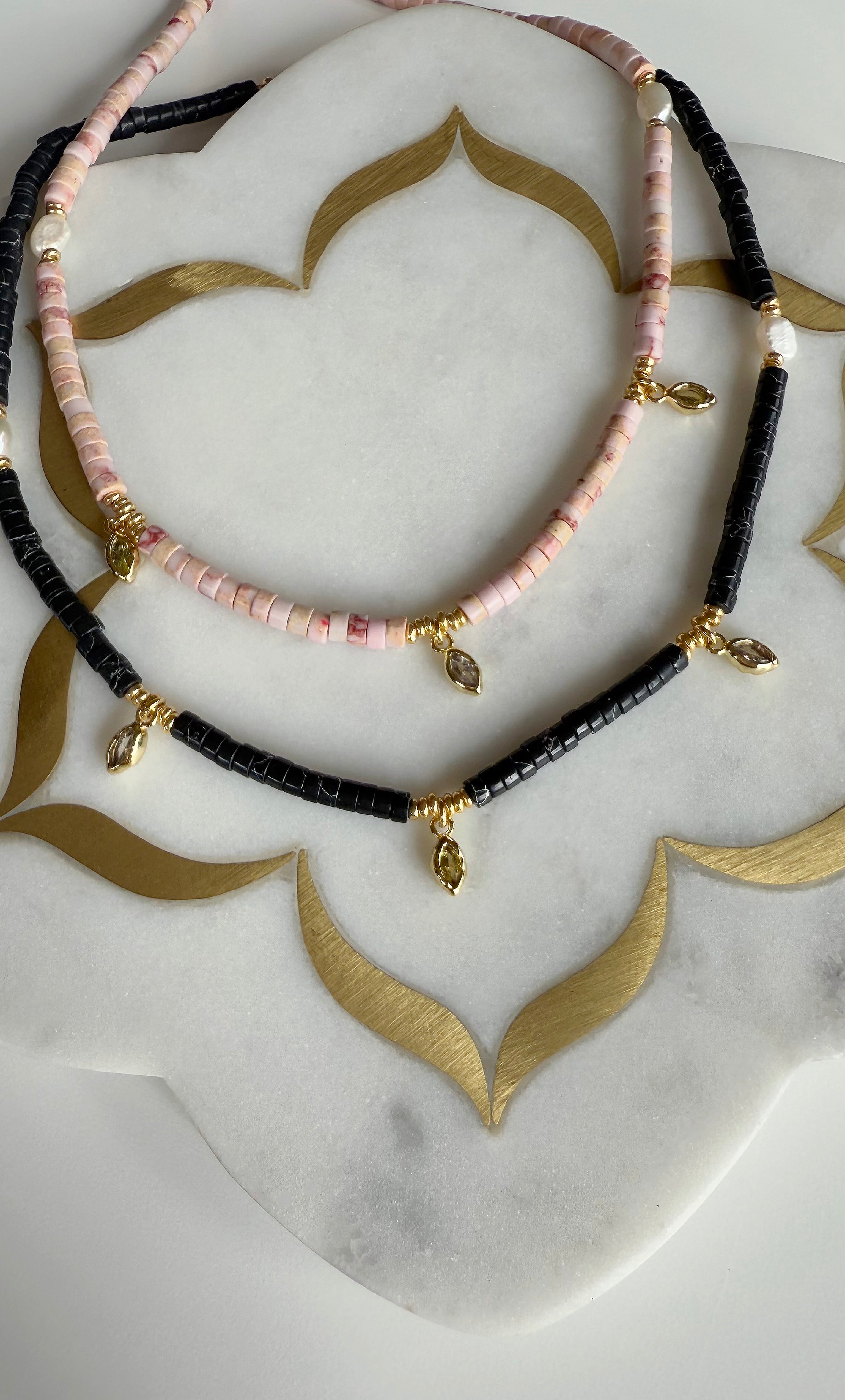 Ceres Heishi Beaded Necklace - Black - Gold Fill Charms | Tunik