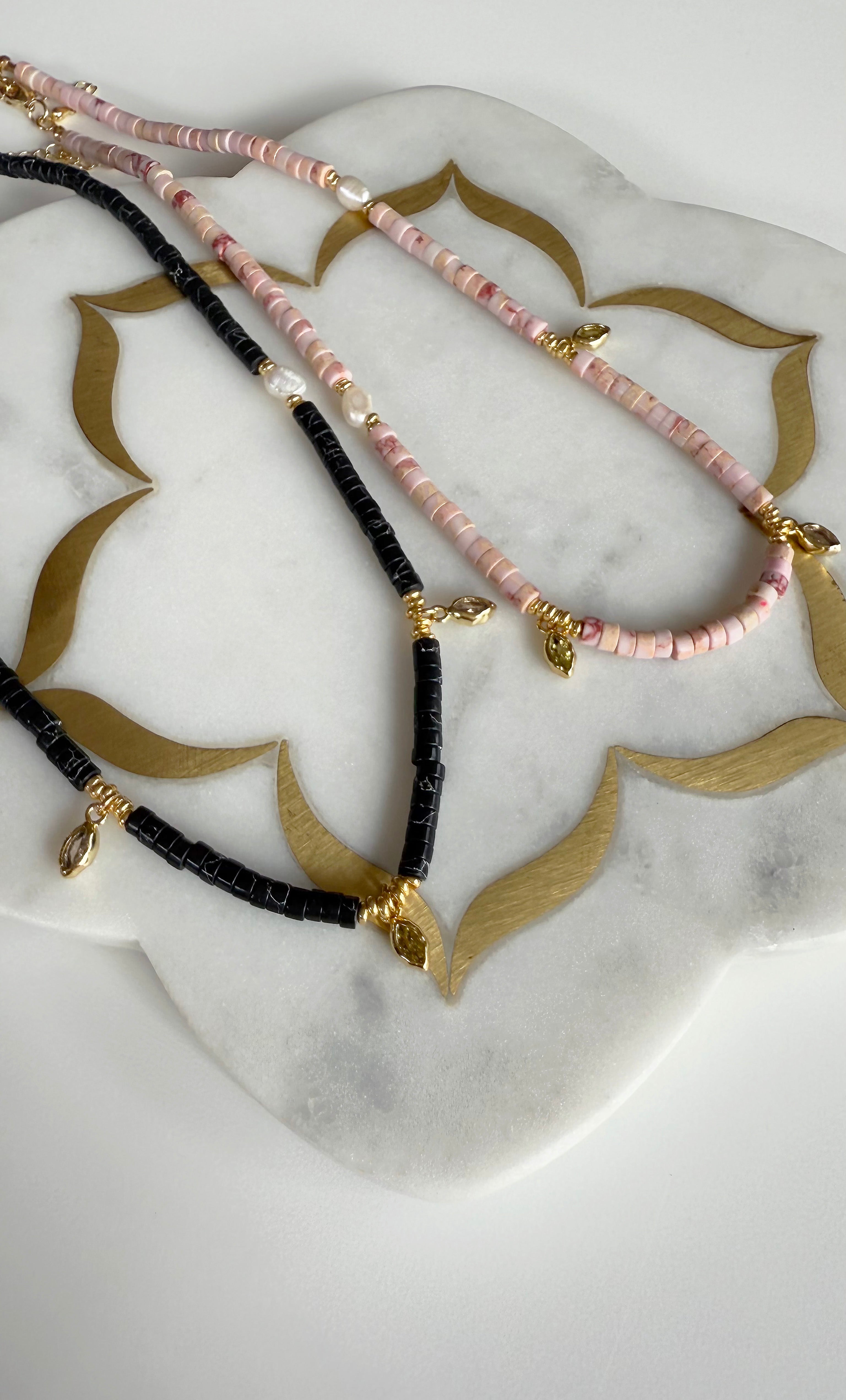 Ceres Heishi Beaded Necklace - Black - Gold Fill Charms | Tunik