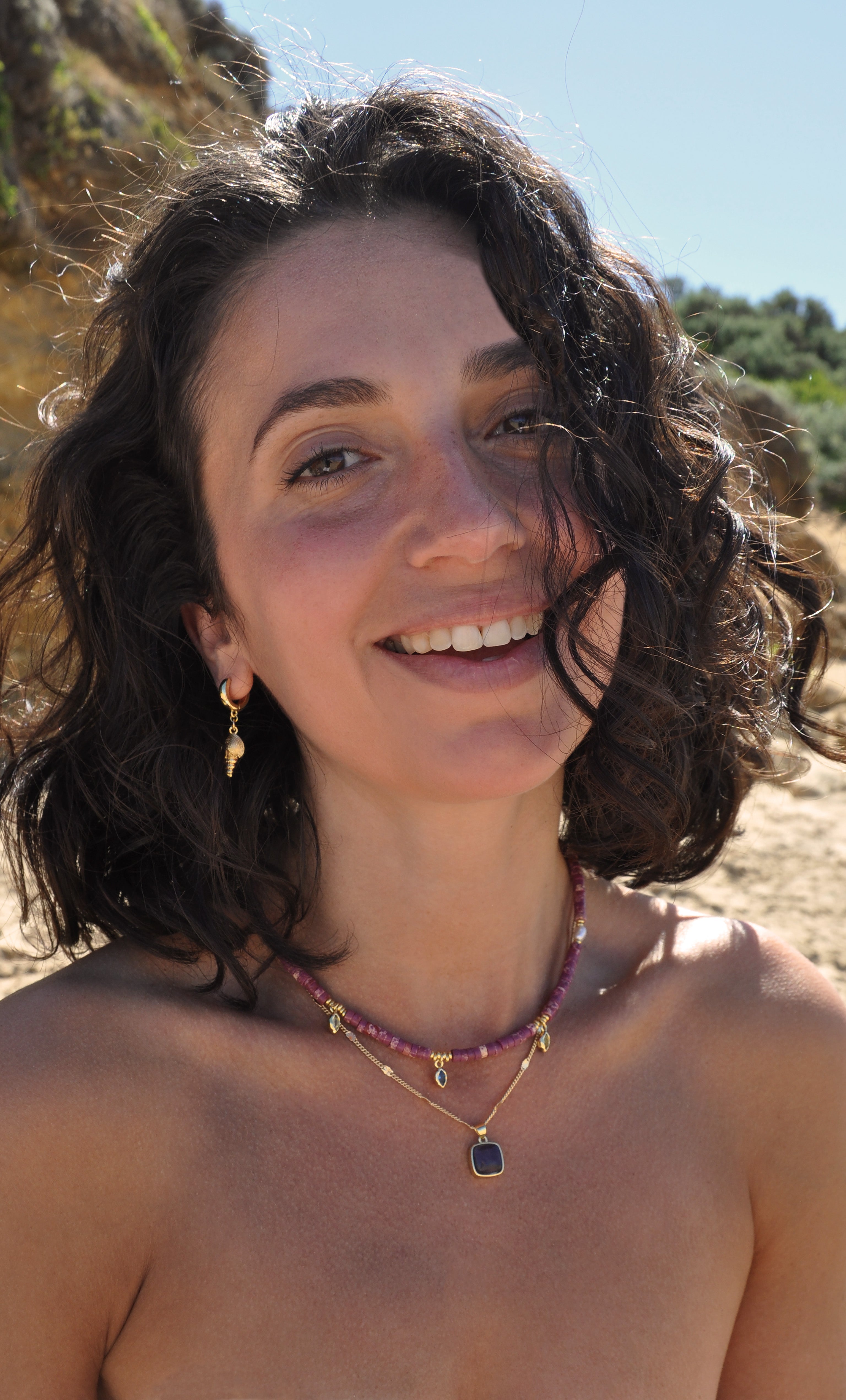Ceres Heishi Beaded Necklace - Cerise - Gold Fill Charms | Tunik
