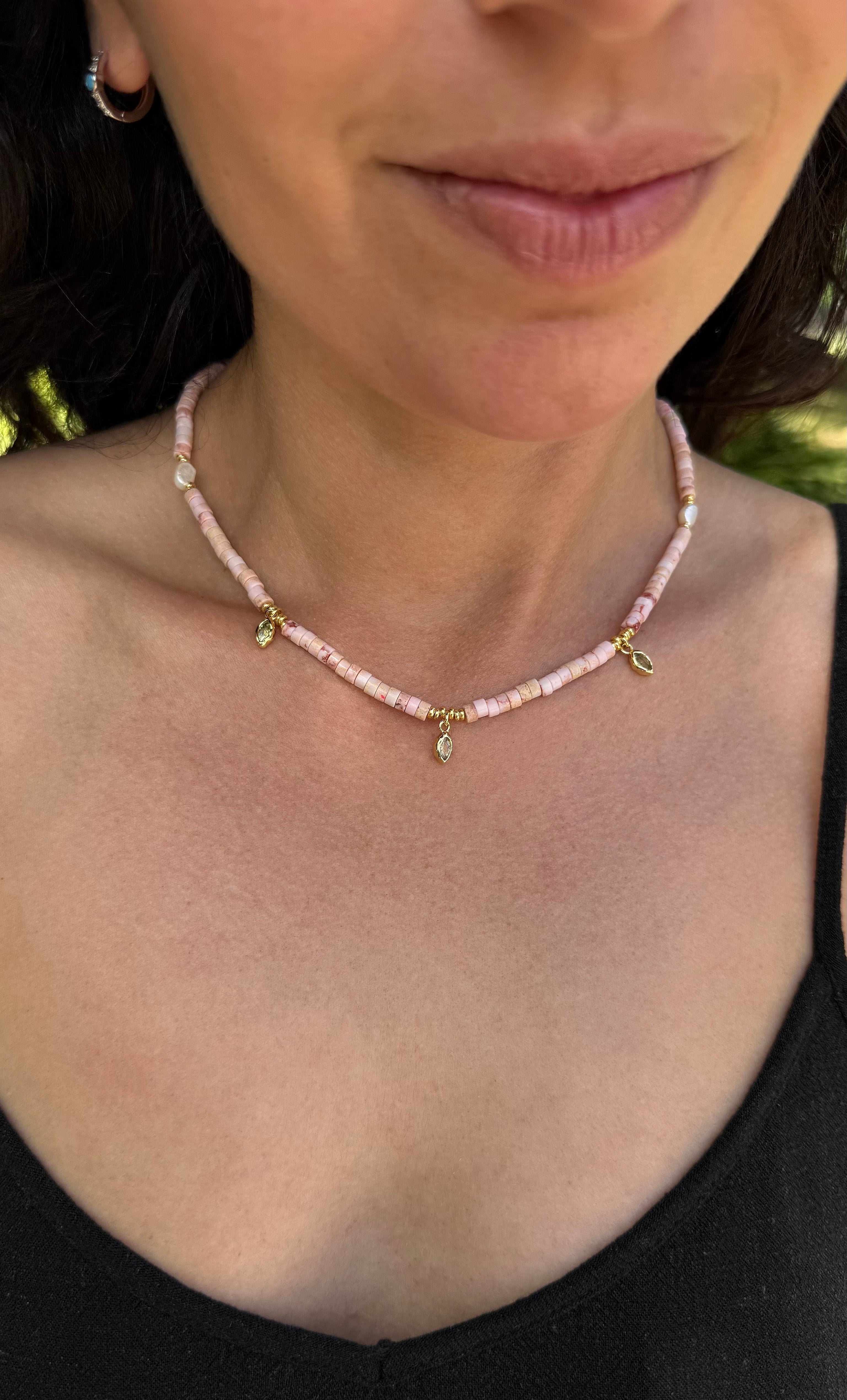 Ceres Heishi Beaded Necklace - Pink - Gold Fill Charms | Tunik