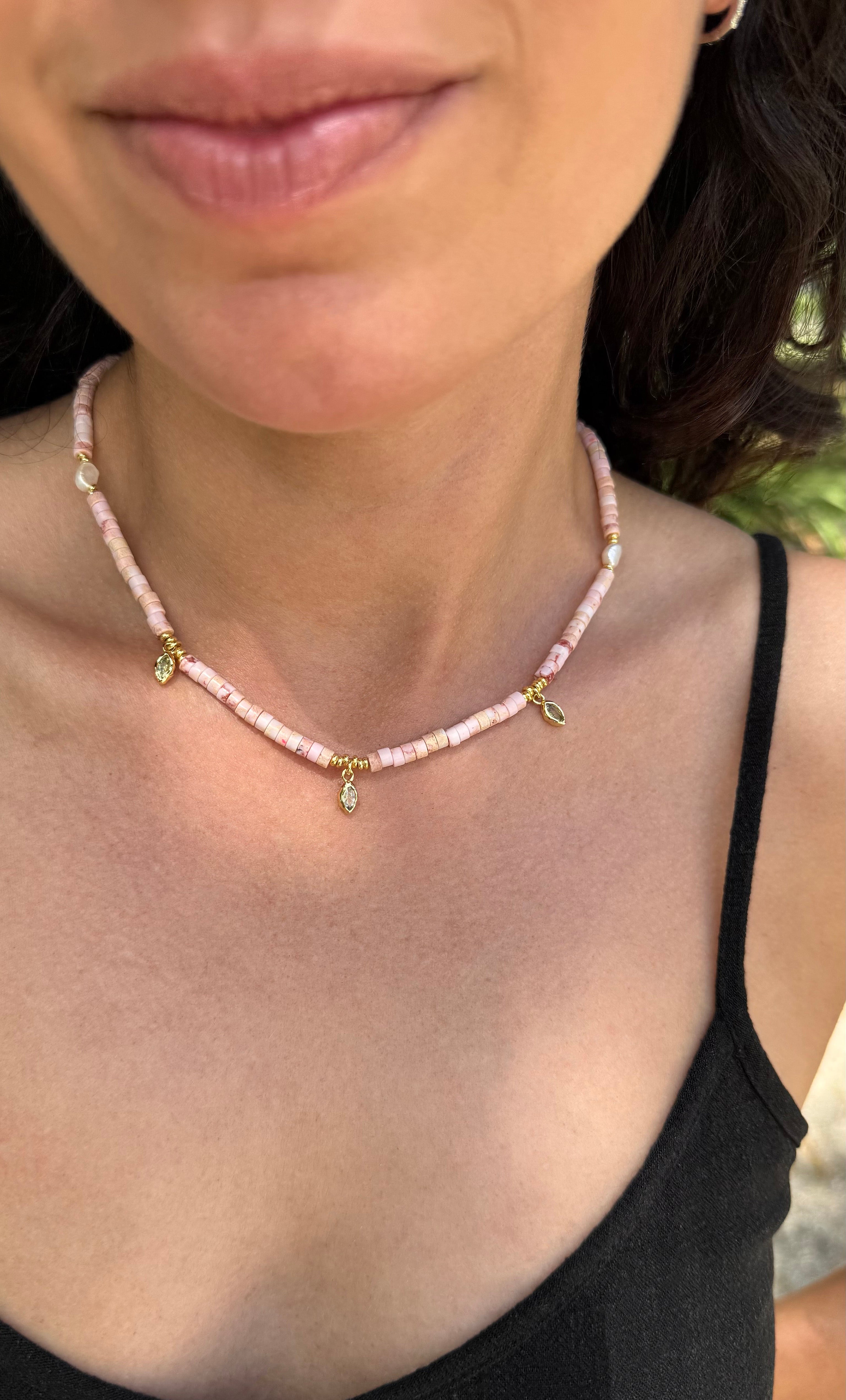 Ceres Heishi Beaded Necklace - Pink - Gold Fill Charms | Tunik