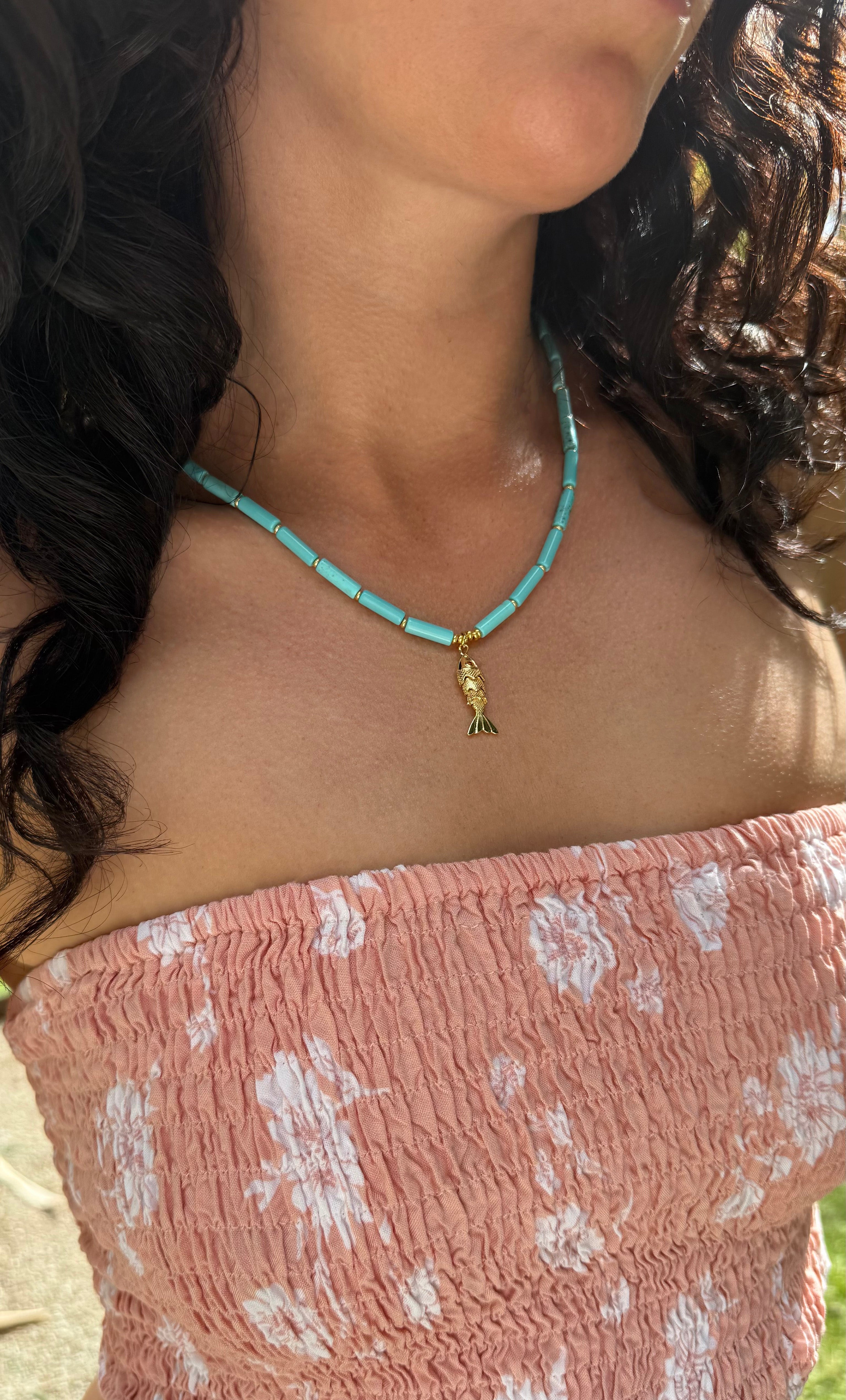 Howlite Stone Beaded Necklace with Koi Fish Charm – Handmade | Tunik