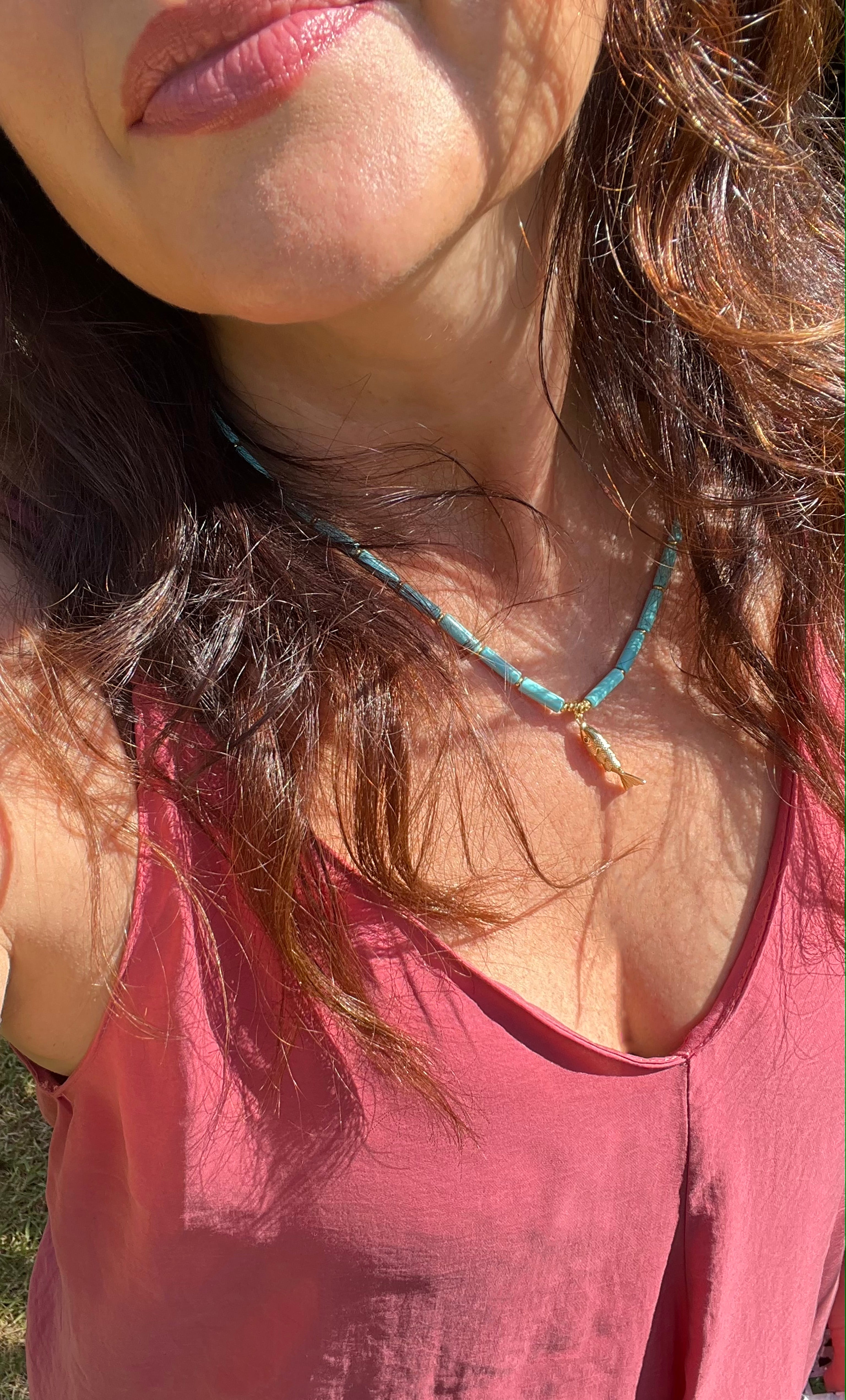 Howlite Stone Beaded Necklace with Koi Fish Charm – Handmade | Tunik