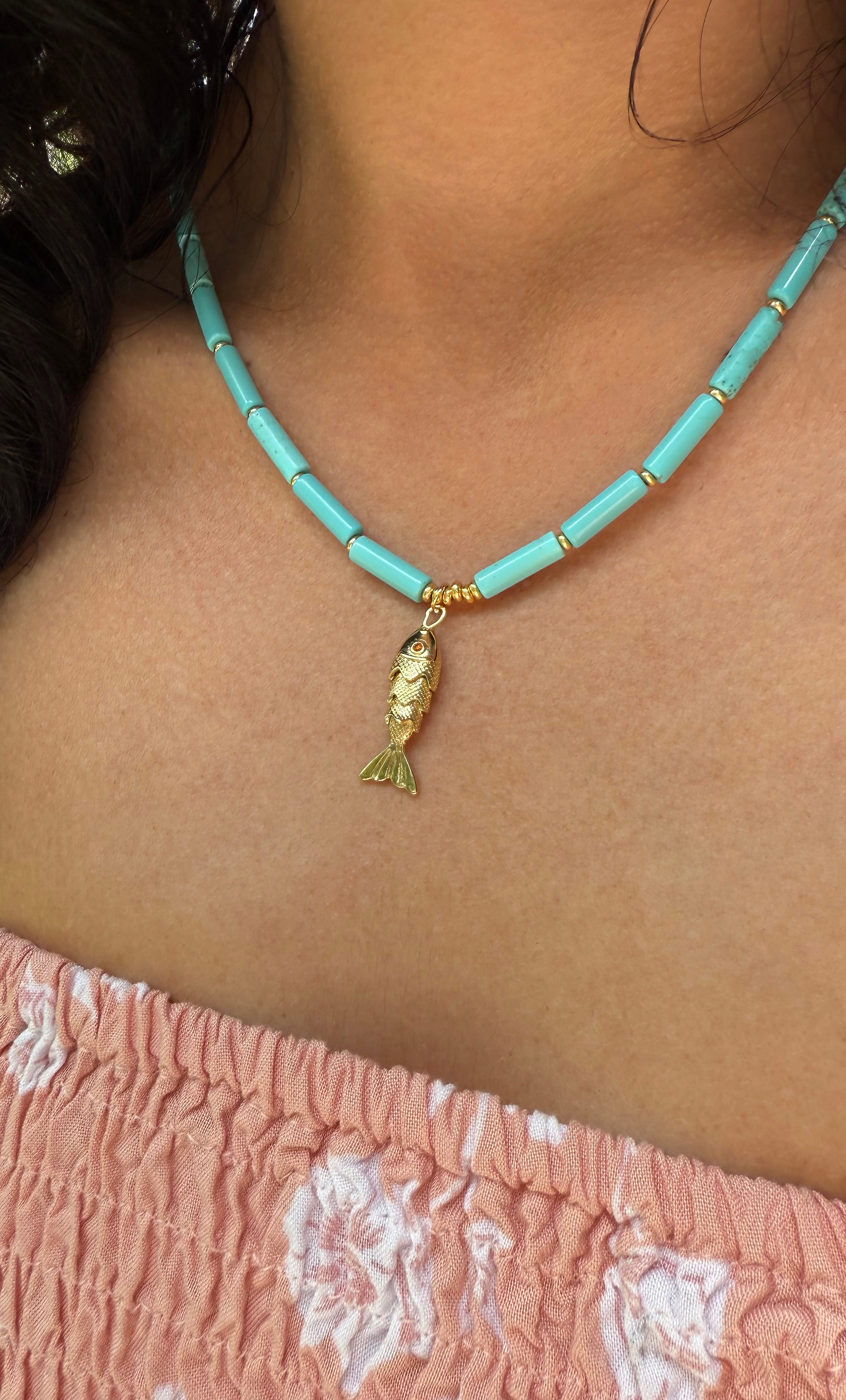 Howlite Stone Beaded Necklace with Koi Fish Charm – Handmade | Tunik