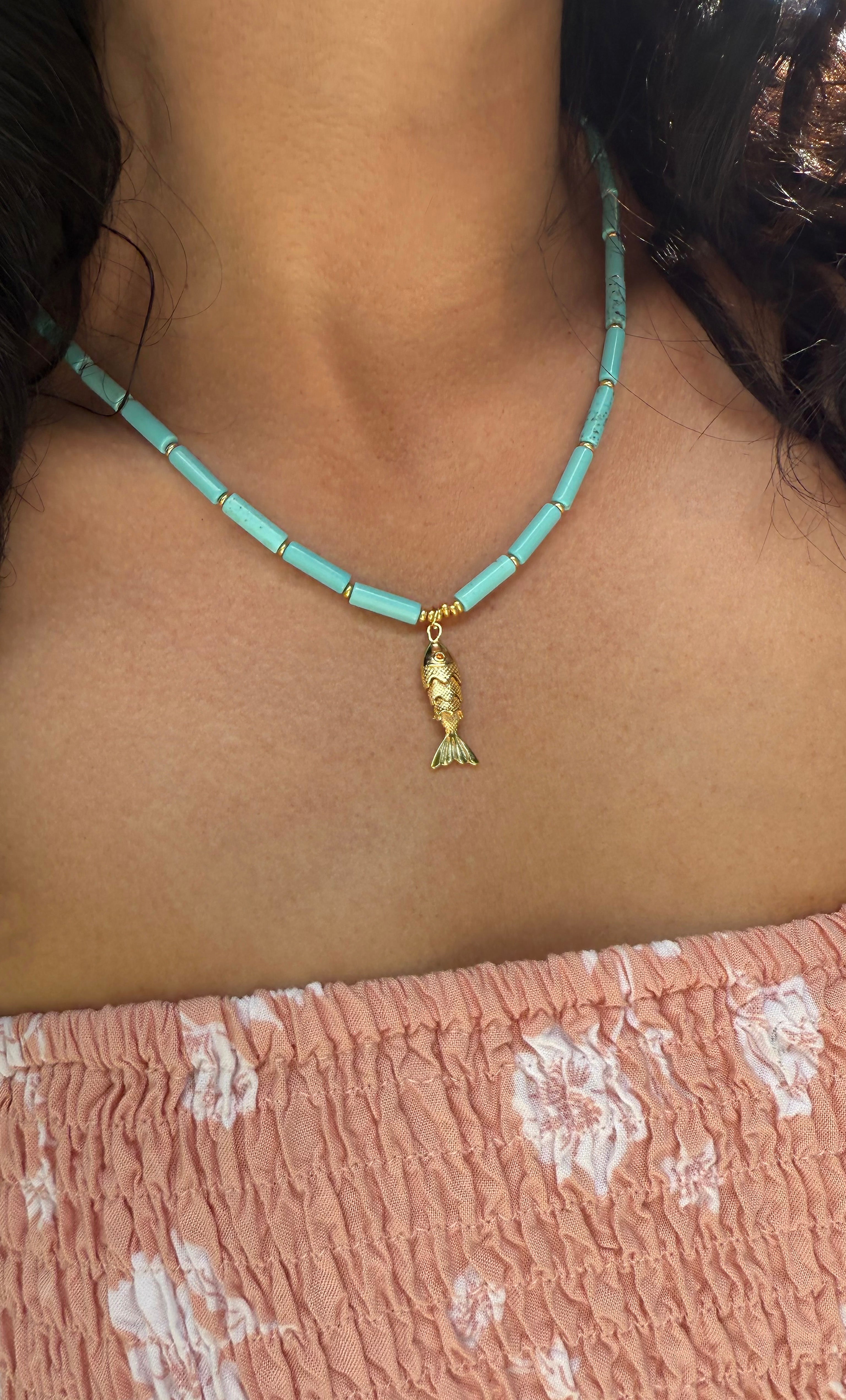 Howlite Stone Beaded Necklace with Koi Fish Charm – Handmade | Tunik