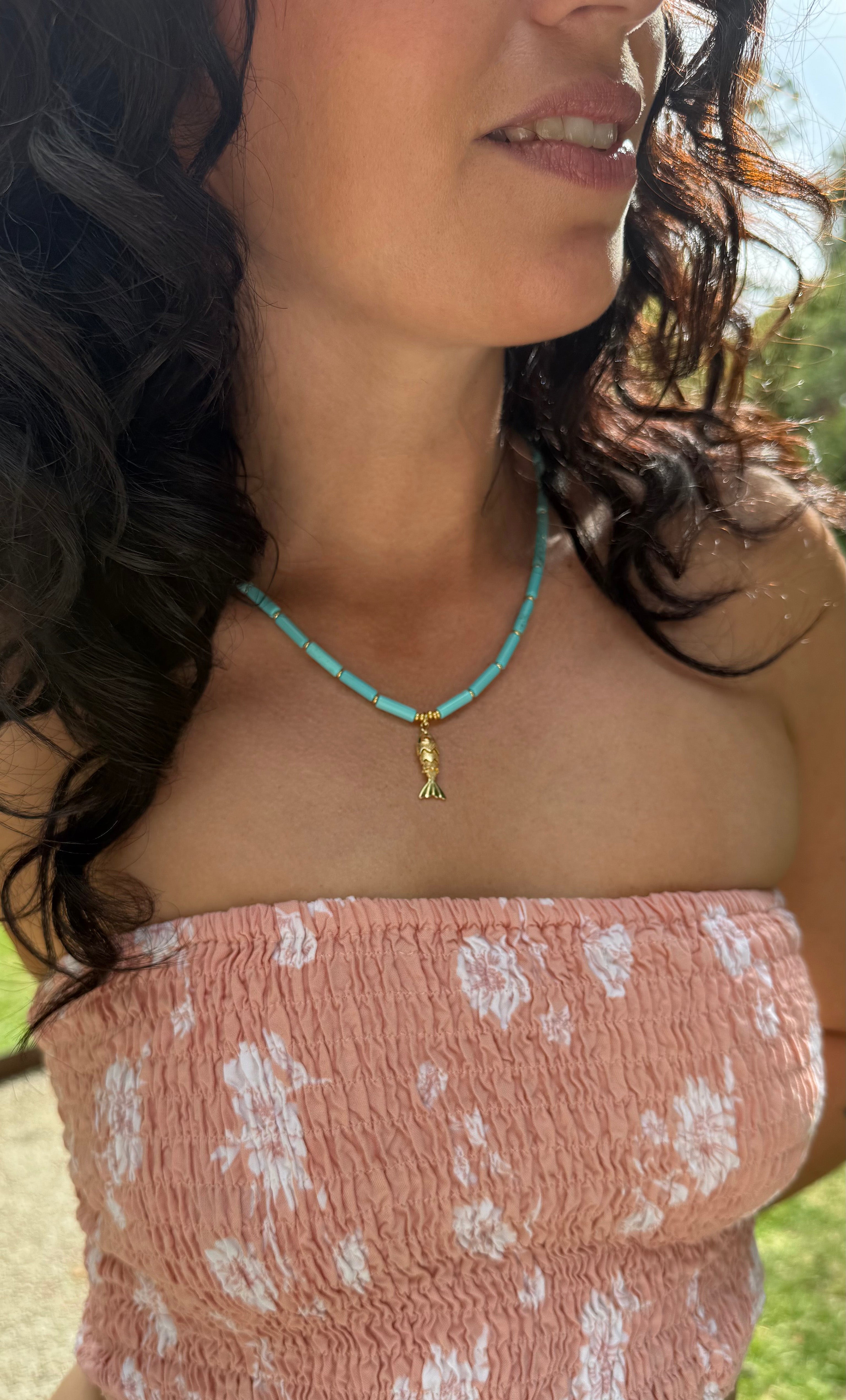 Howlite Stone Beaded Necklace with Koi Fish Charm – Handmade | Tunik