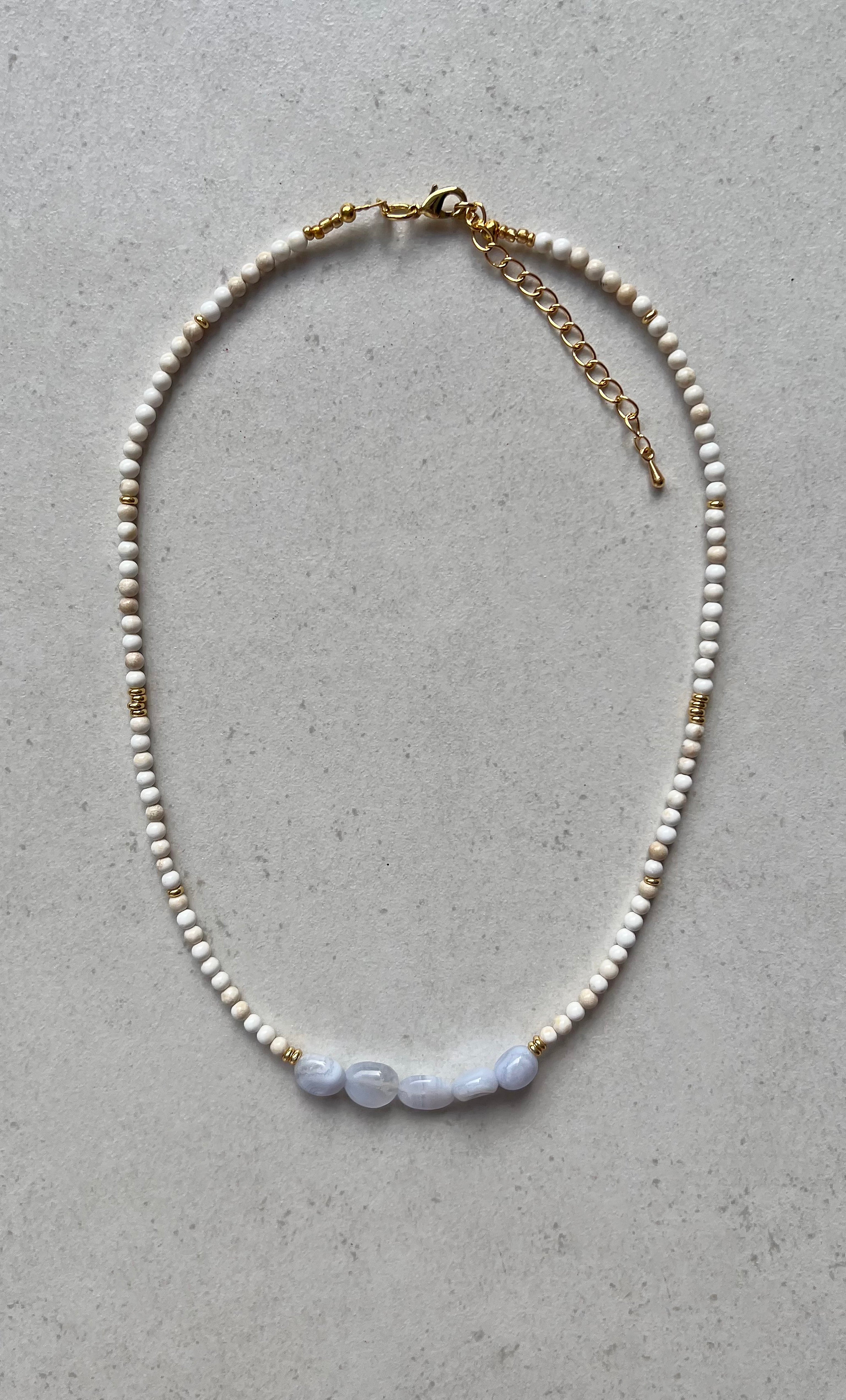 Salacia Blue Lace Agate Crystal Necklace – 5 Stone Handmade Beaded | Tunik