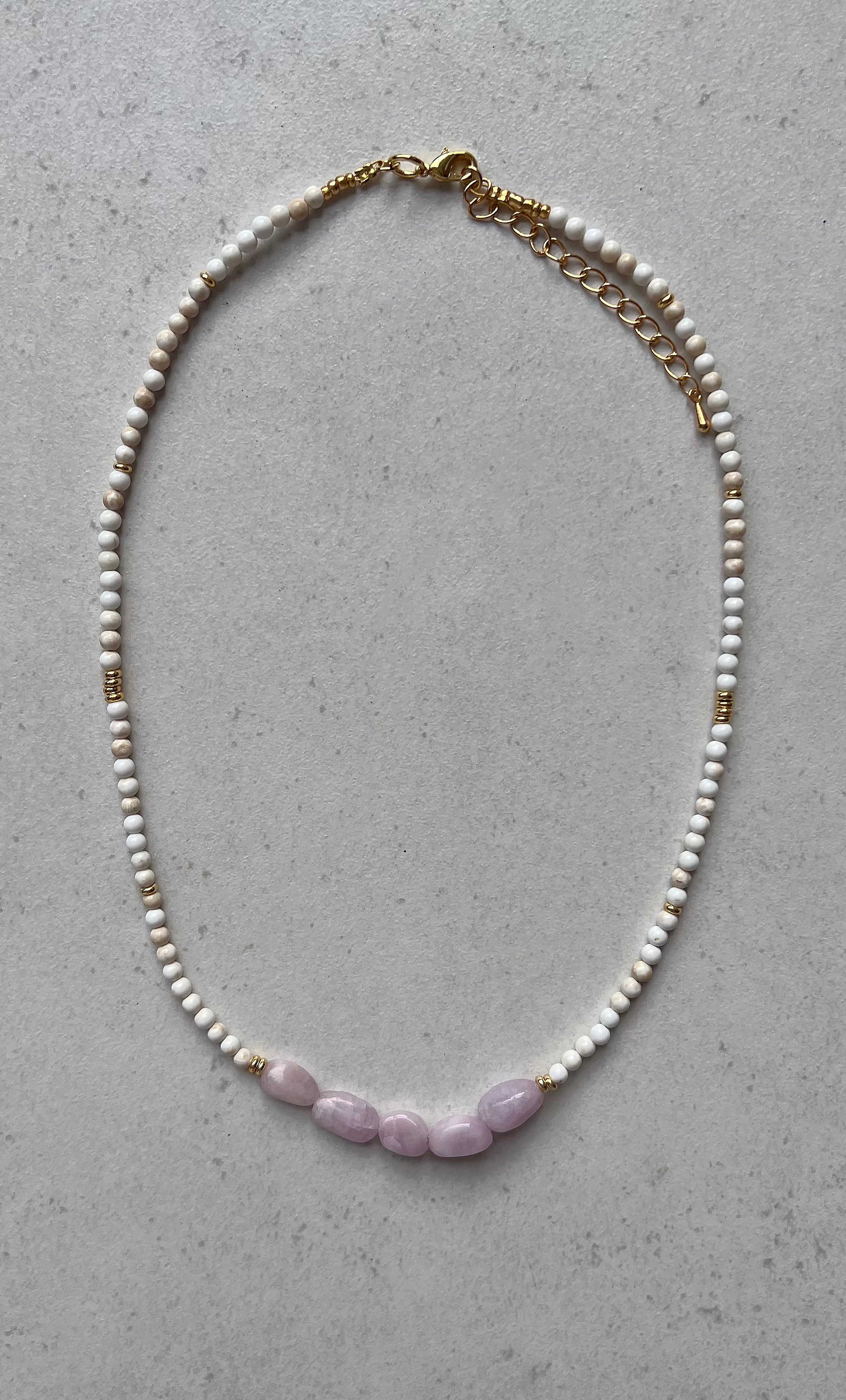 Salacia Kunzite Crystal Necklace – 5 Stone Handmade Beaded | Tunik