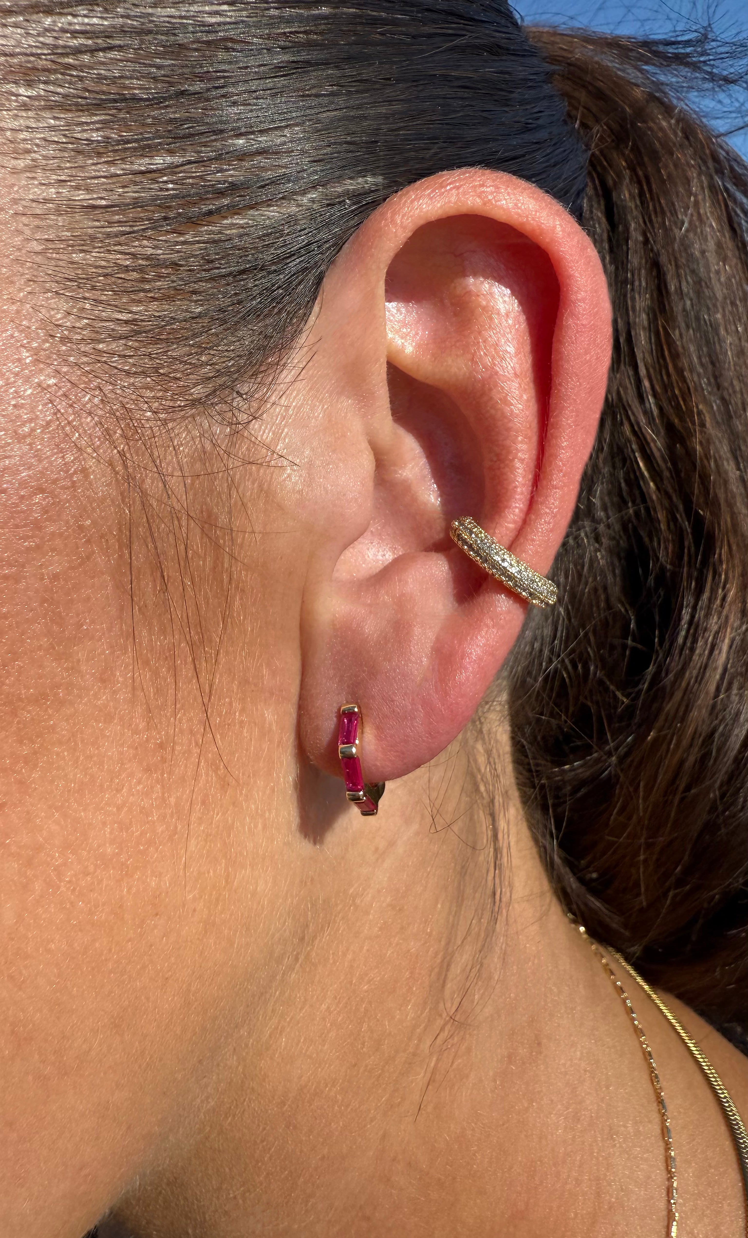 Gold fill 3 stone baguette huggie earrings in magenta, styled with a delicate gold necklace from Tunik jewellery gifts.