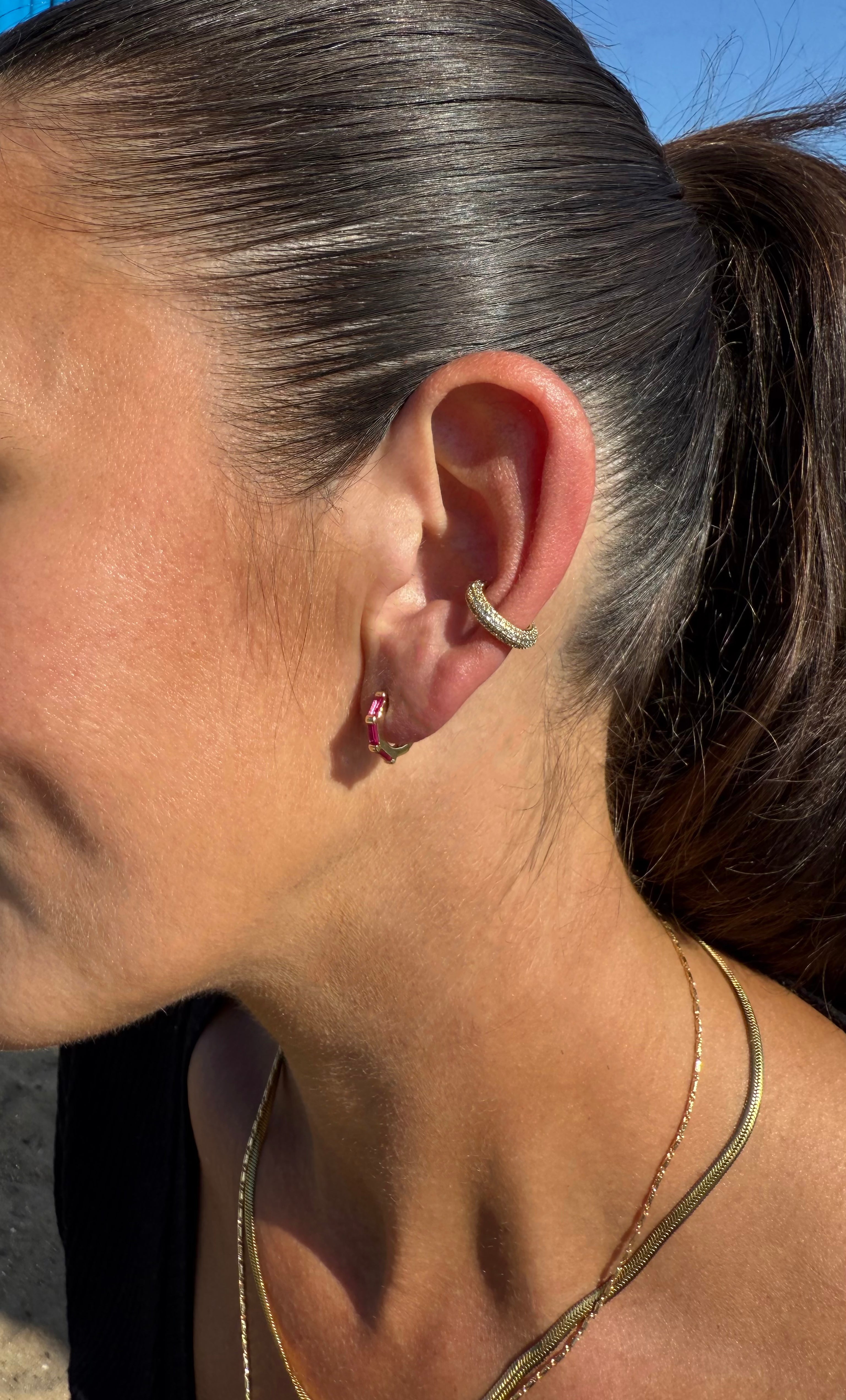 Magenta 3 stone baguette huggie gold fill earrings by Tunik paired with gold necklace jewelry gifts.