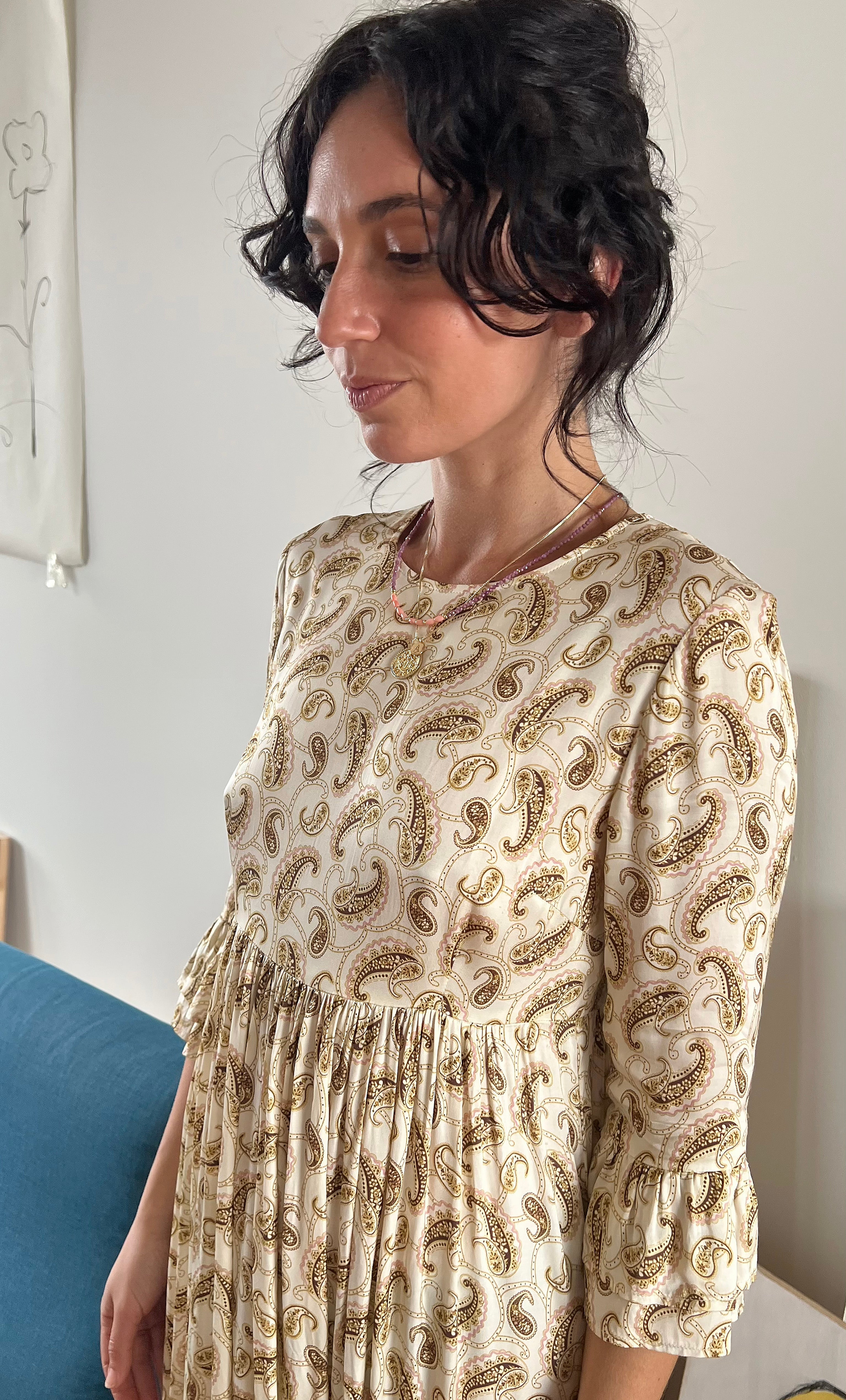 Florence Ruffle Midi Dress by Tunik - Ivory Boteh Paisley Print, Made in Australia