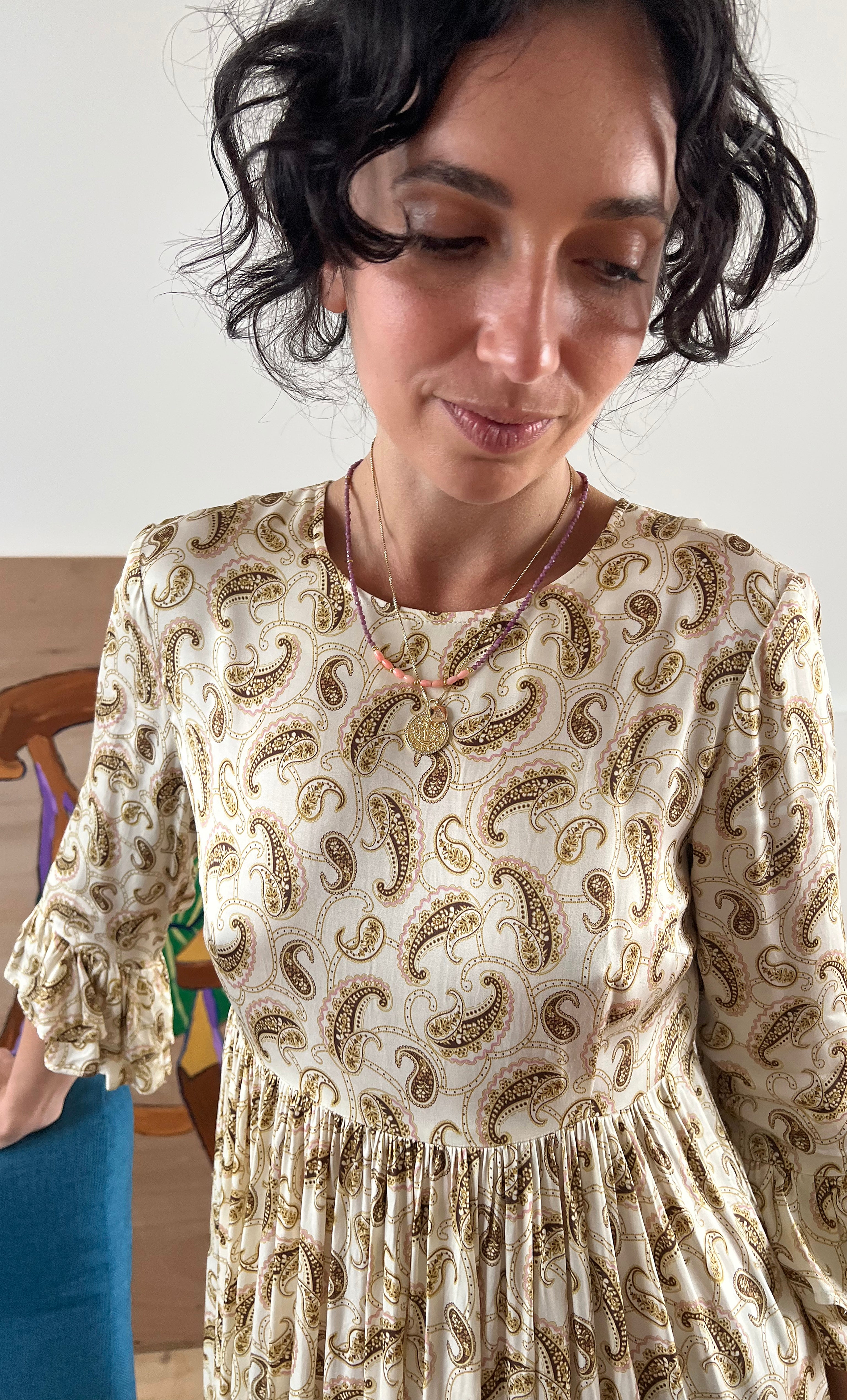Florence Ruffle Midi Dress by Tunik - Ivory Boteh Paisley Print, Made in Australia