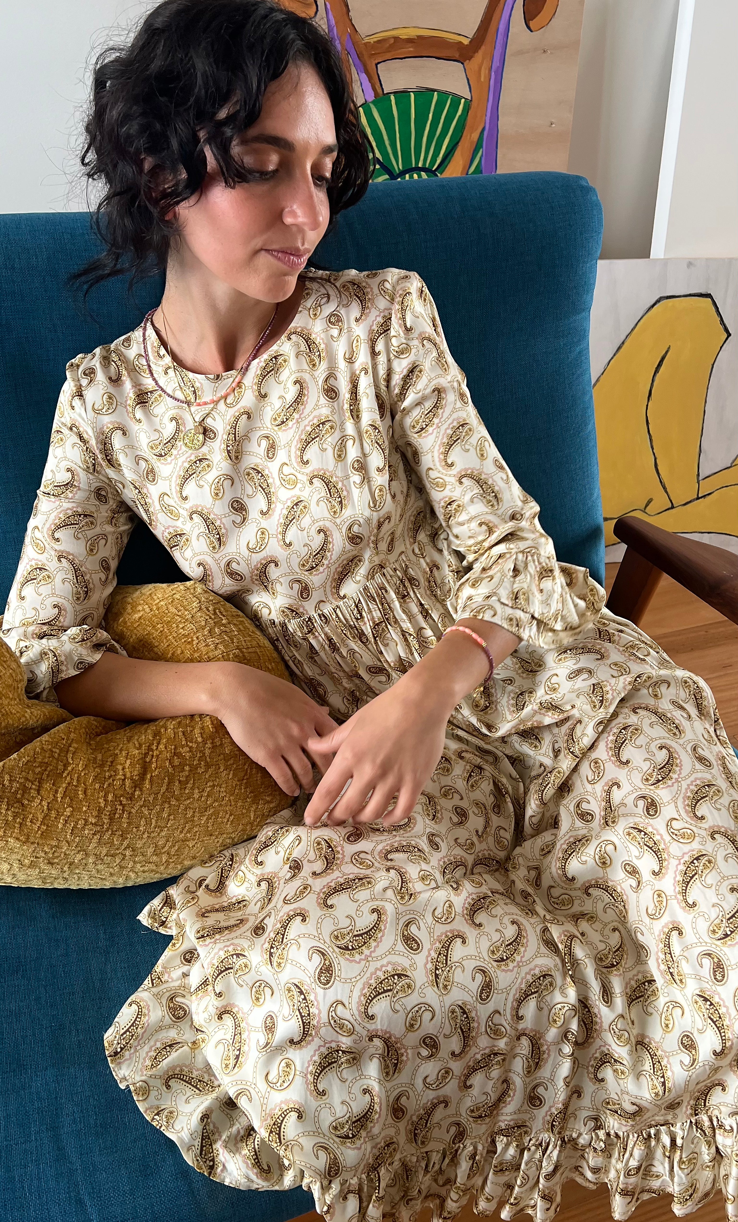 Florence Ruffle Midi Dress by Tunik - Ivory Boteh Paisley Print, Made in Australia