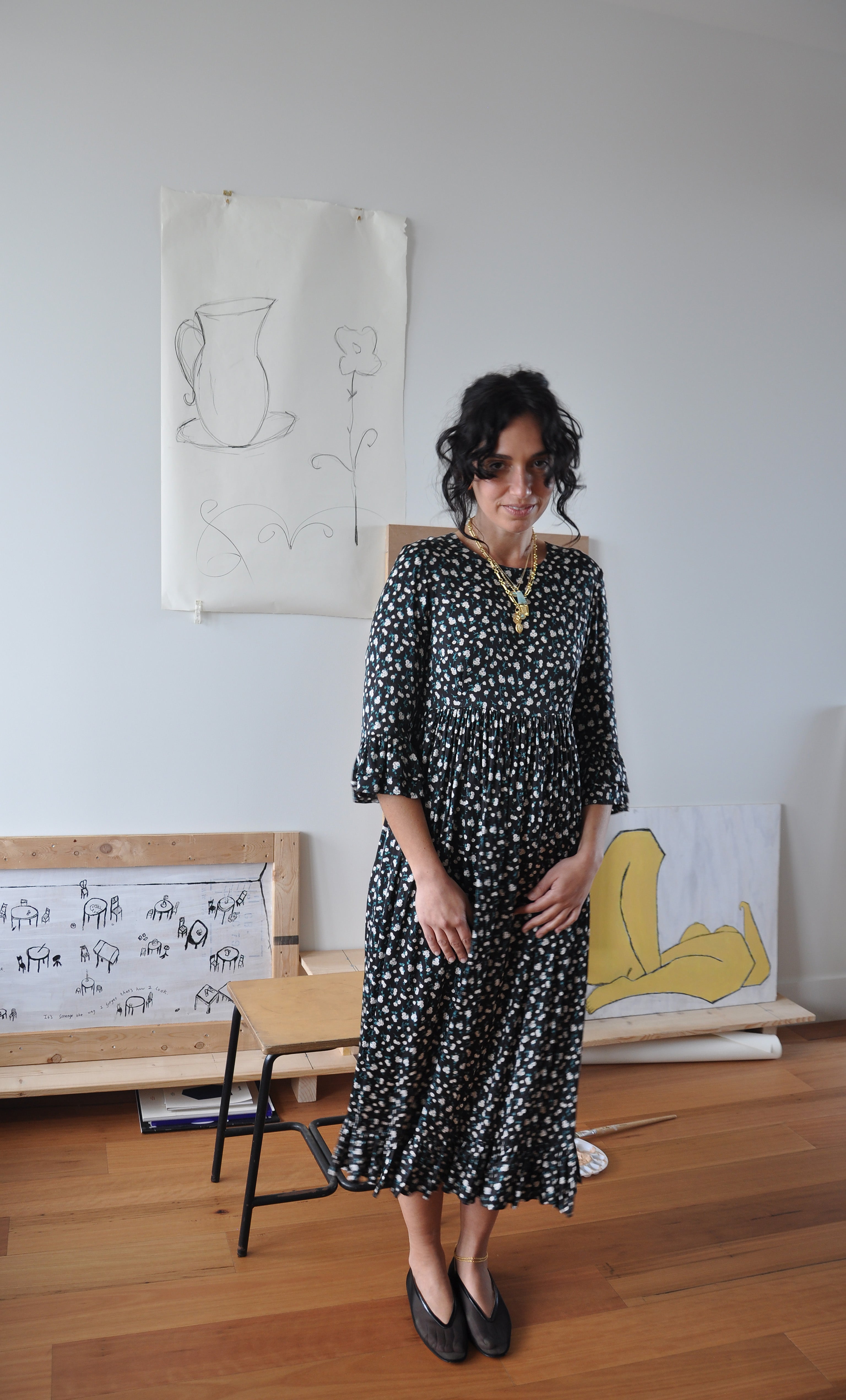 Florence Ruffle Midi Dress by Tunik - Black Floral For the Roses Print, Made in Australia