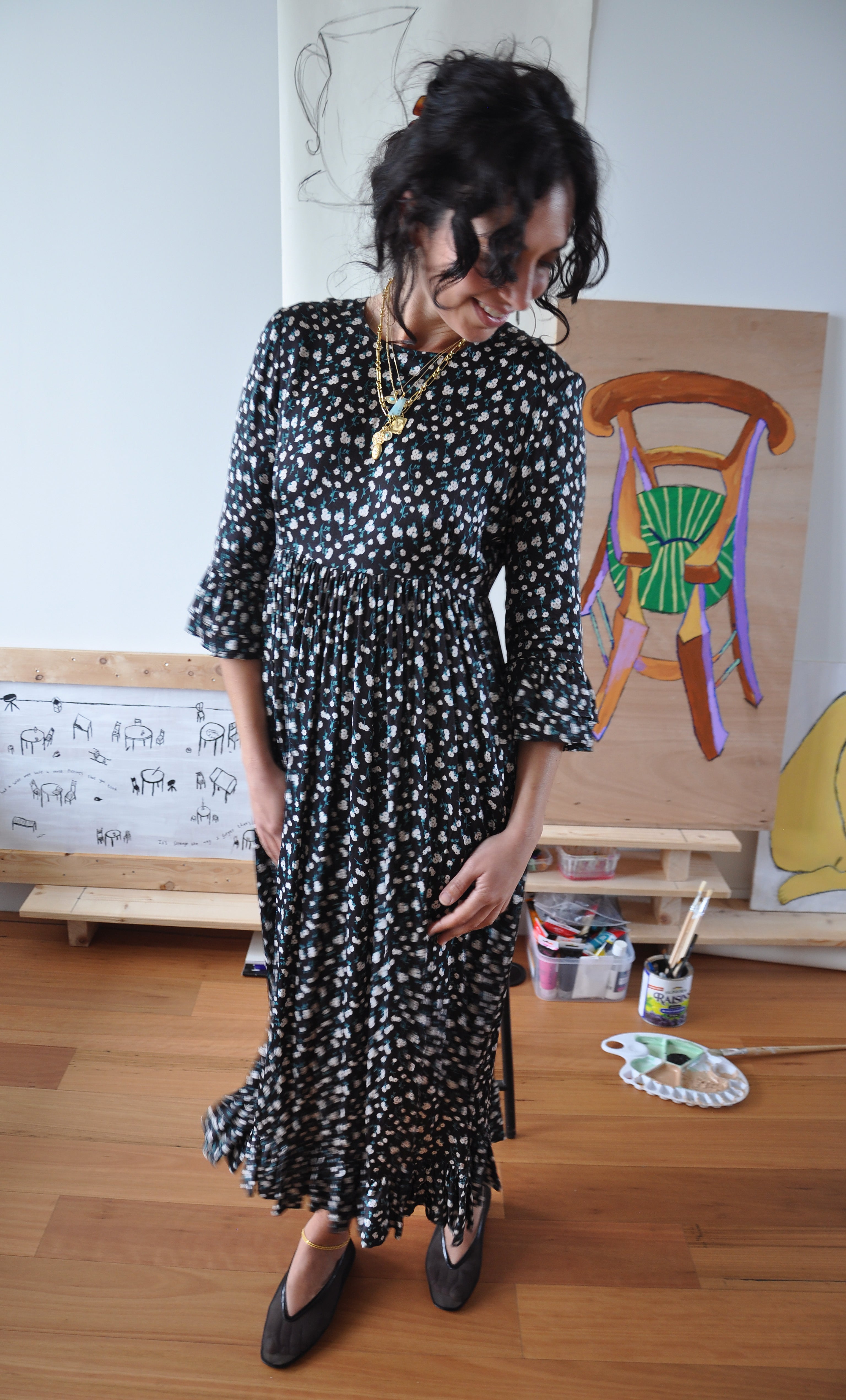 Florence Ruffle Midi Dress by Tunik - Black Floral For the Roses Print, Made in Australia