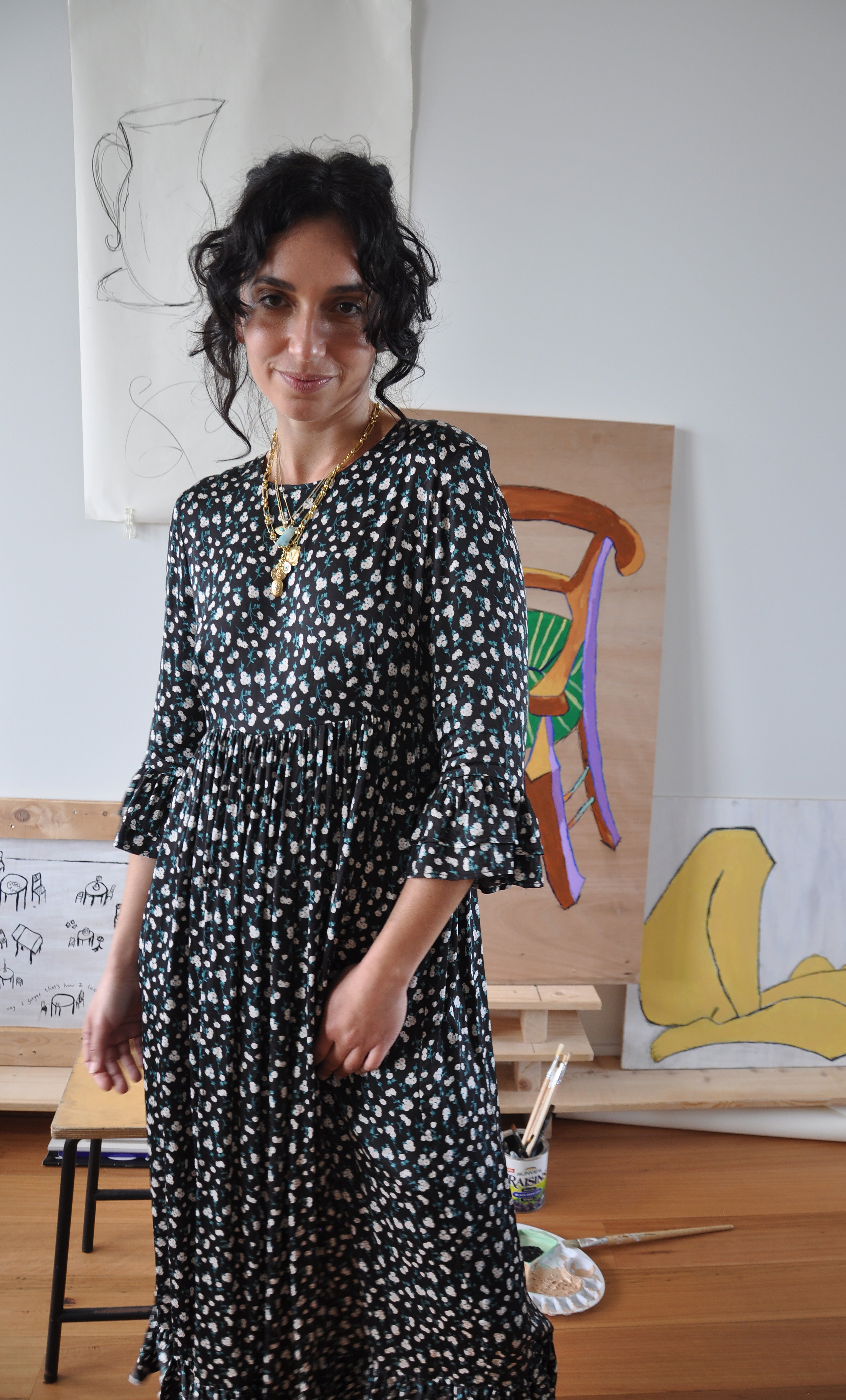 Florence Ruffle Midi Dress by Tunik - Black Floral For the Roses Print, Made in Australia