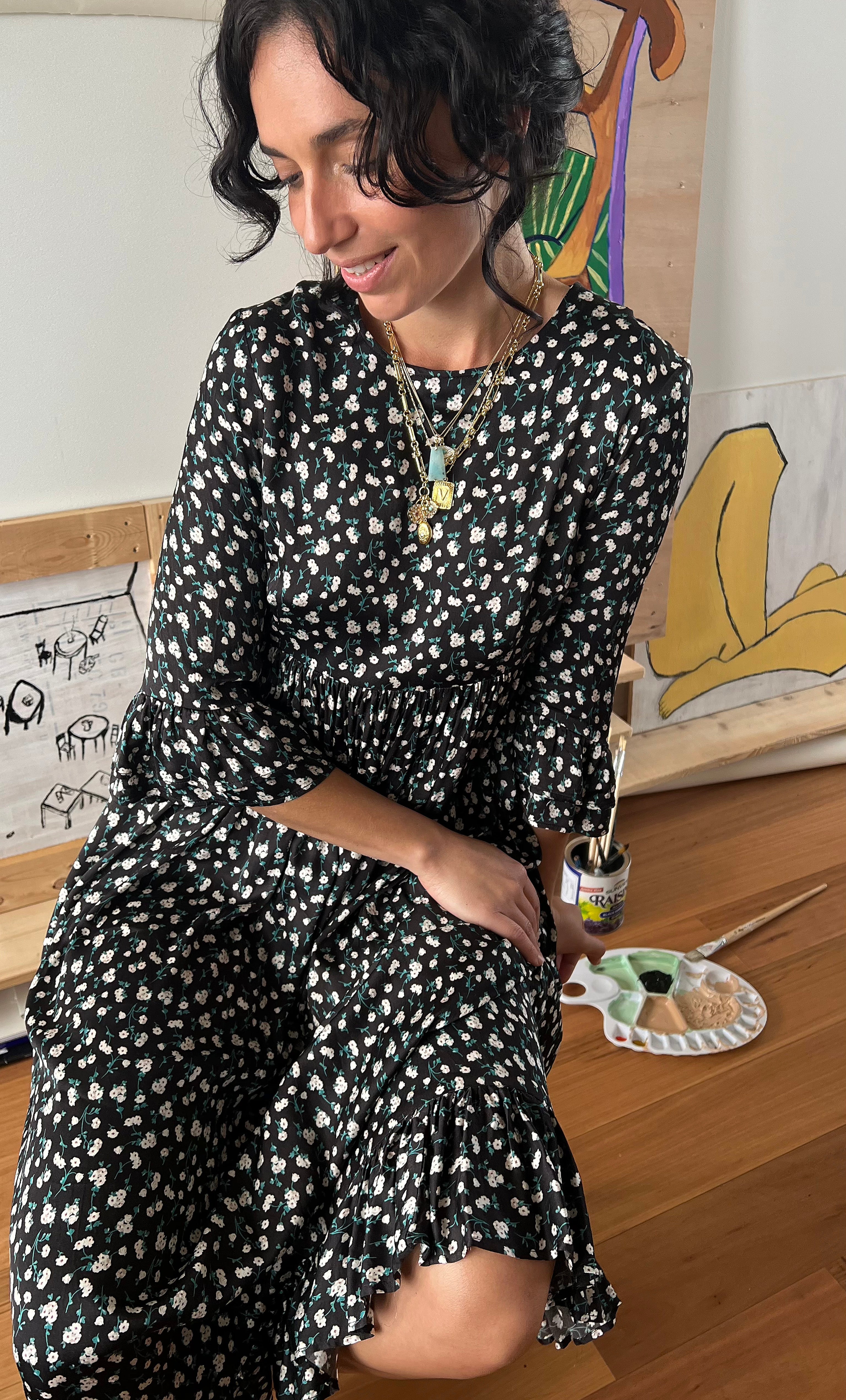 Florence Ruffle Midi Dress by Tunik - Black Floral For the Roses Print, Made in Australia