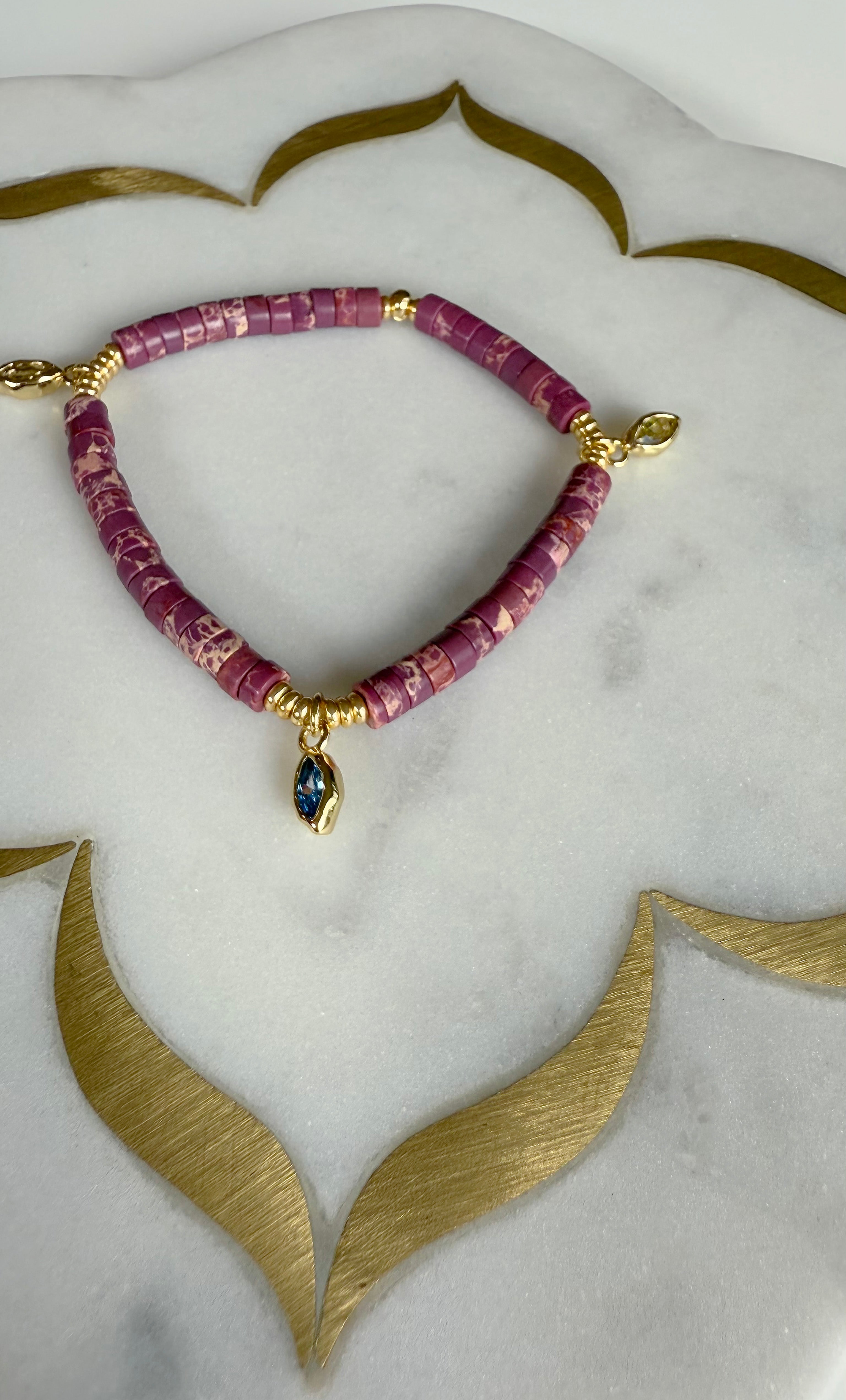 Ceres Heishi Beaded Bracelet - Cerise - Gold Fill Charms | Tunik