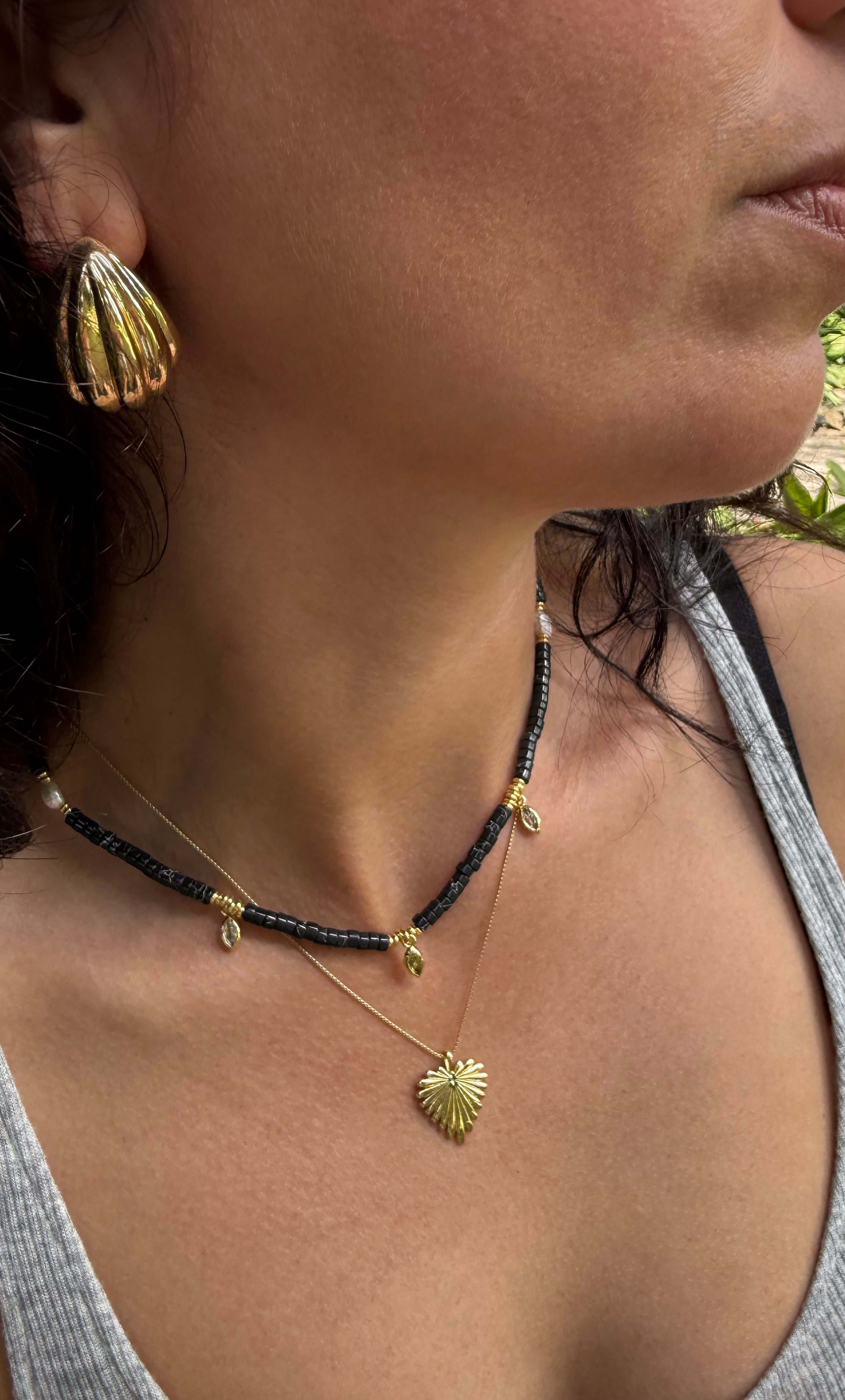 Ceres Heishi Beaded Necklace - Black - Gold Fill Charms | Tunik