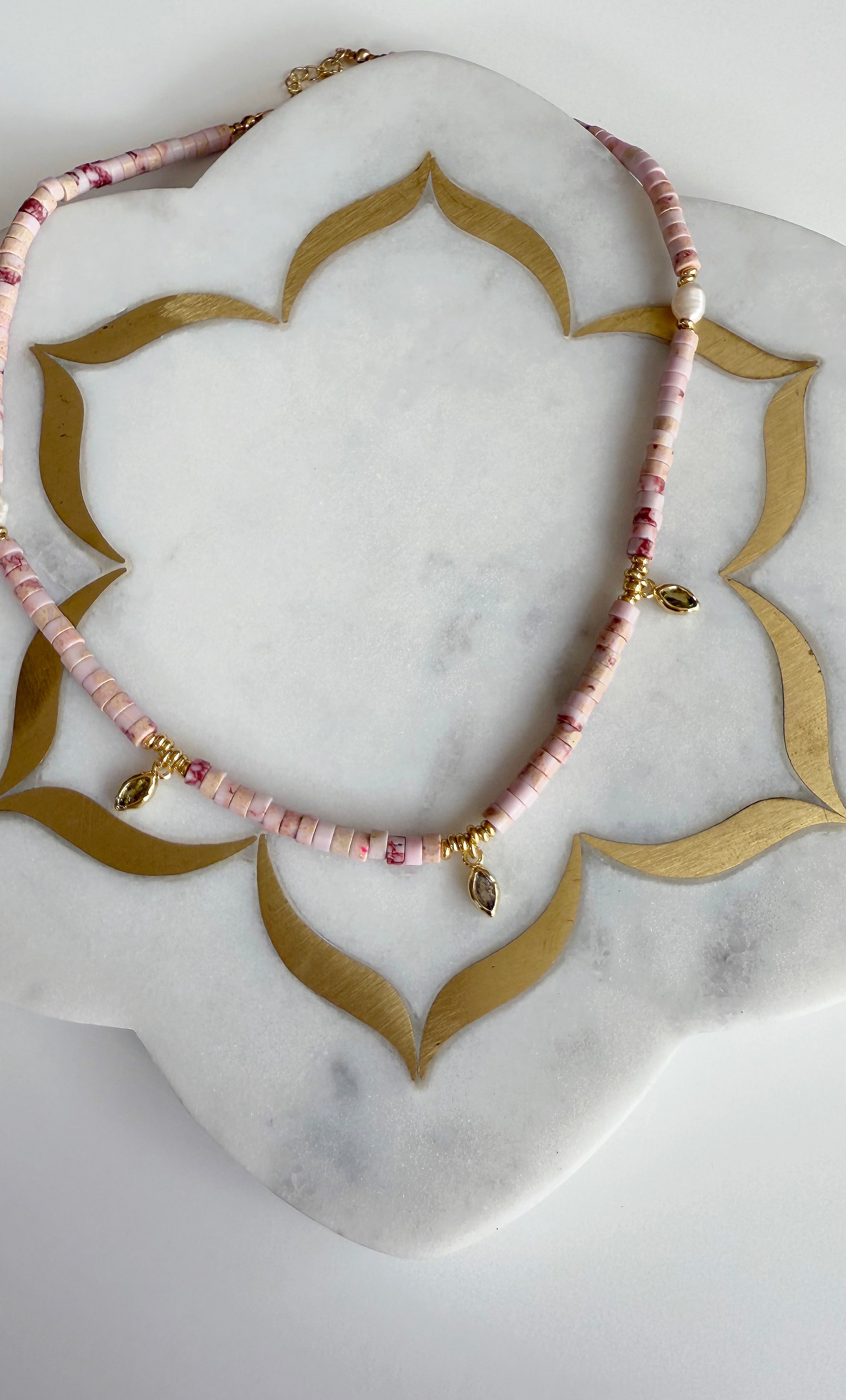 Ceres Heishi Beaded Necklace - Pink - Gold Fill Charms | Tunik
