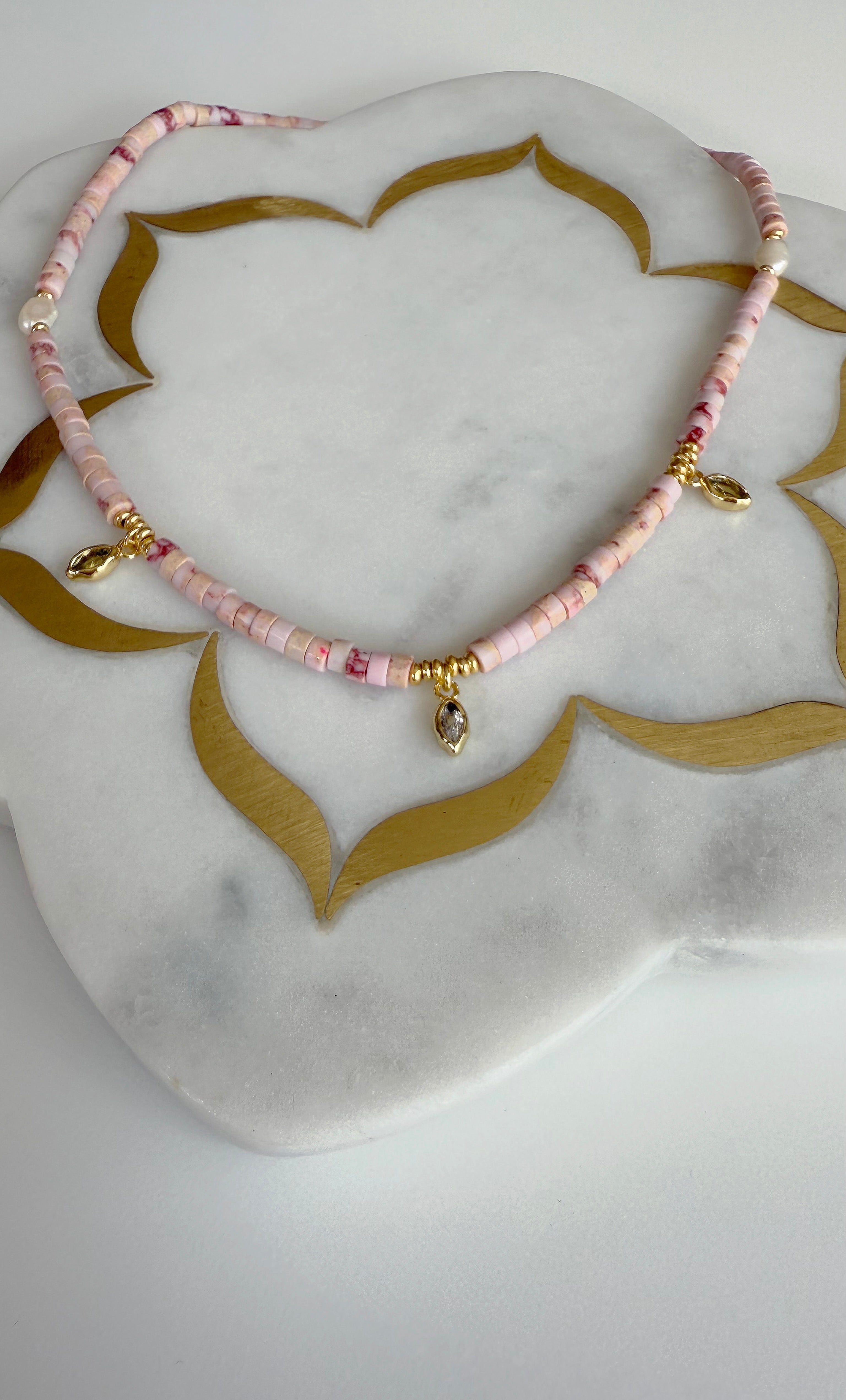 Ceres Heishi Beaded Necklace - Pink - Gold Fill Charms | Tunik