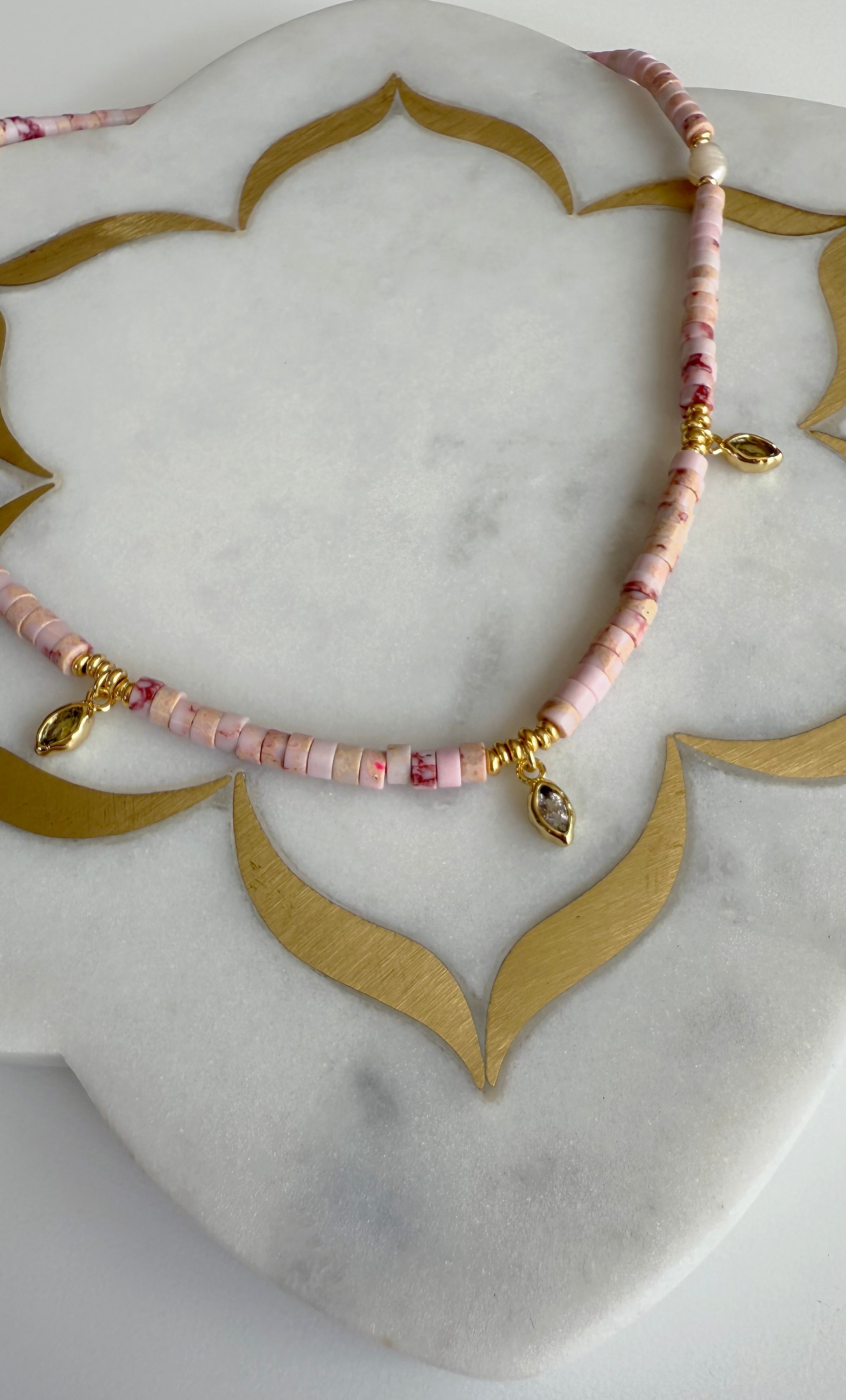 Ceres Heishi Beaded Necklace - Pink - Gold Fill Charms | Tunik