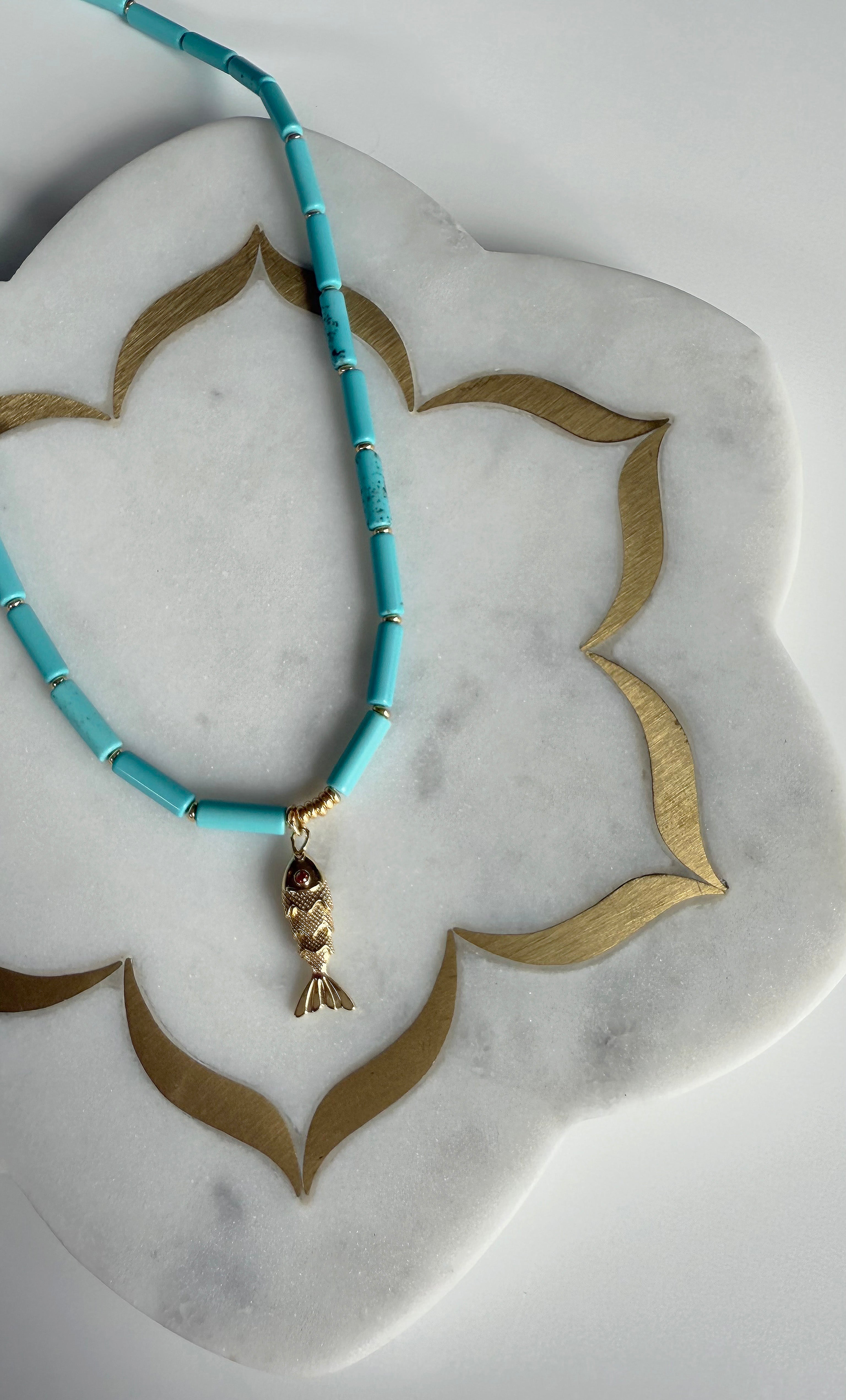 Howlite Stone Beaded Necklace with Koi Fish Charm – Handmade | Tunik