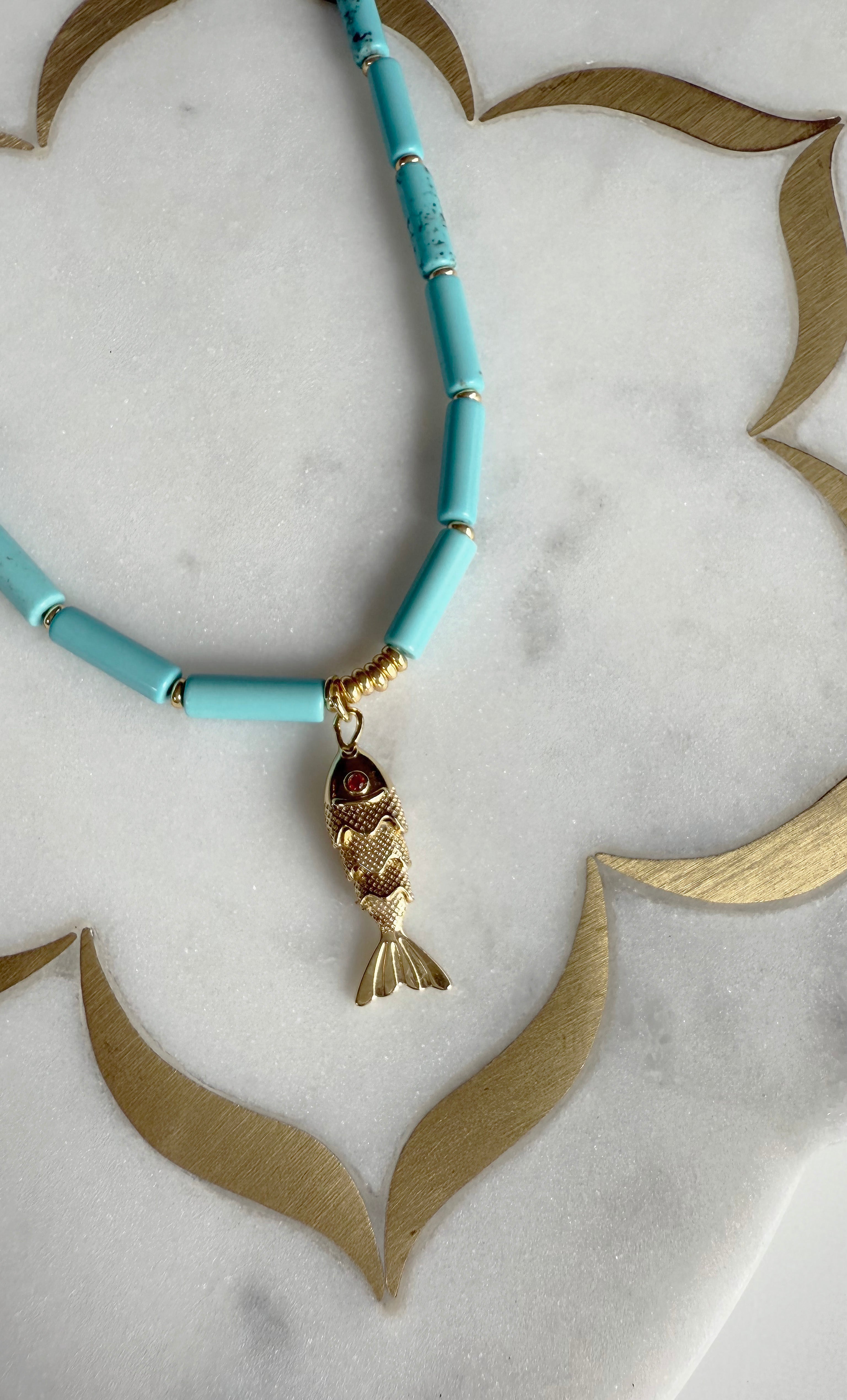 Howlite Stone Beaded Necklace with Koi Fish Charm – Handmade | Tunik