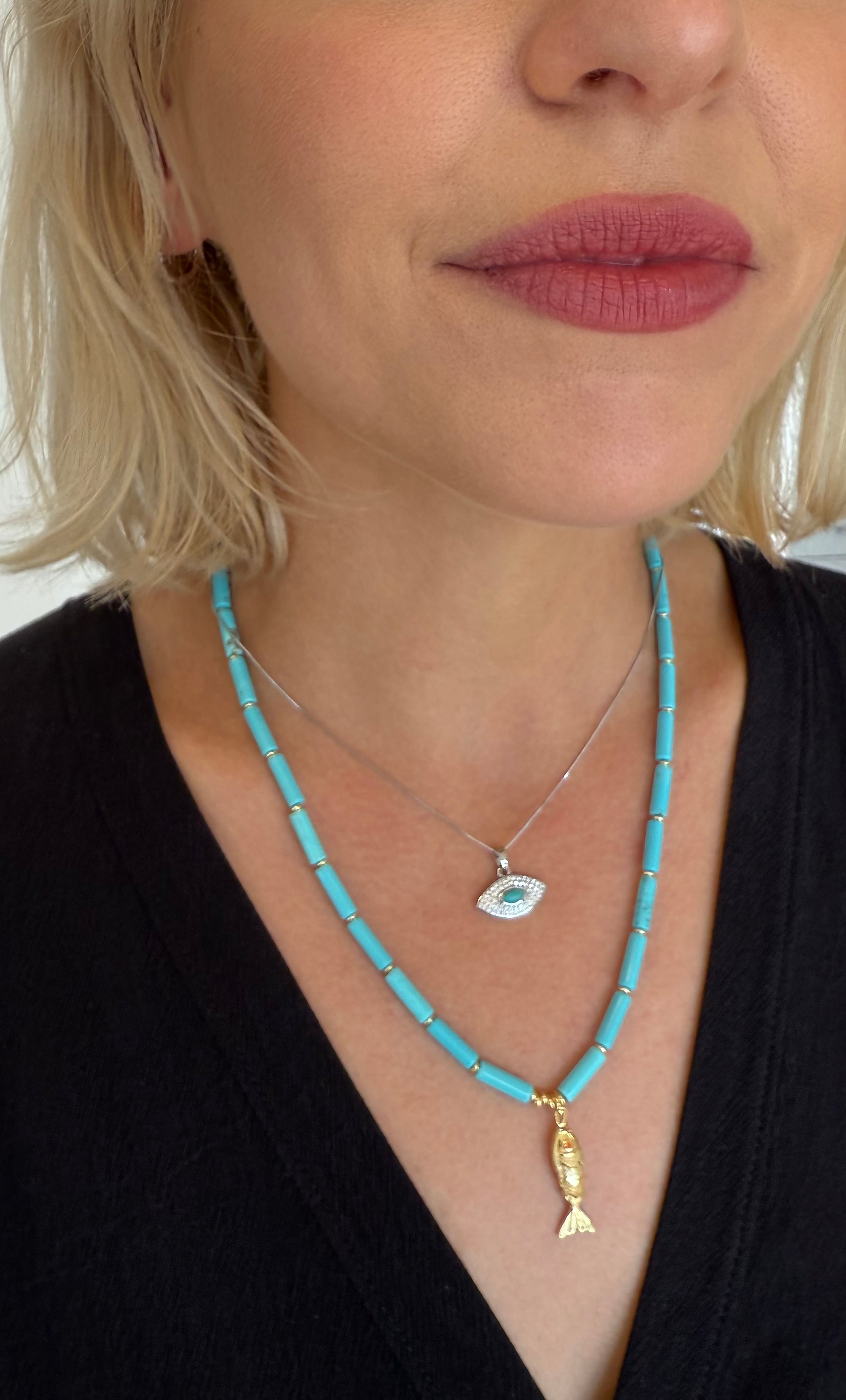 Tunik gold fill necklace with turquoise howlite beads and koi fish charm, layered style jewelry gift.