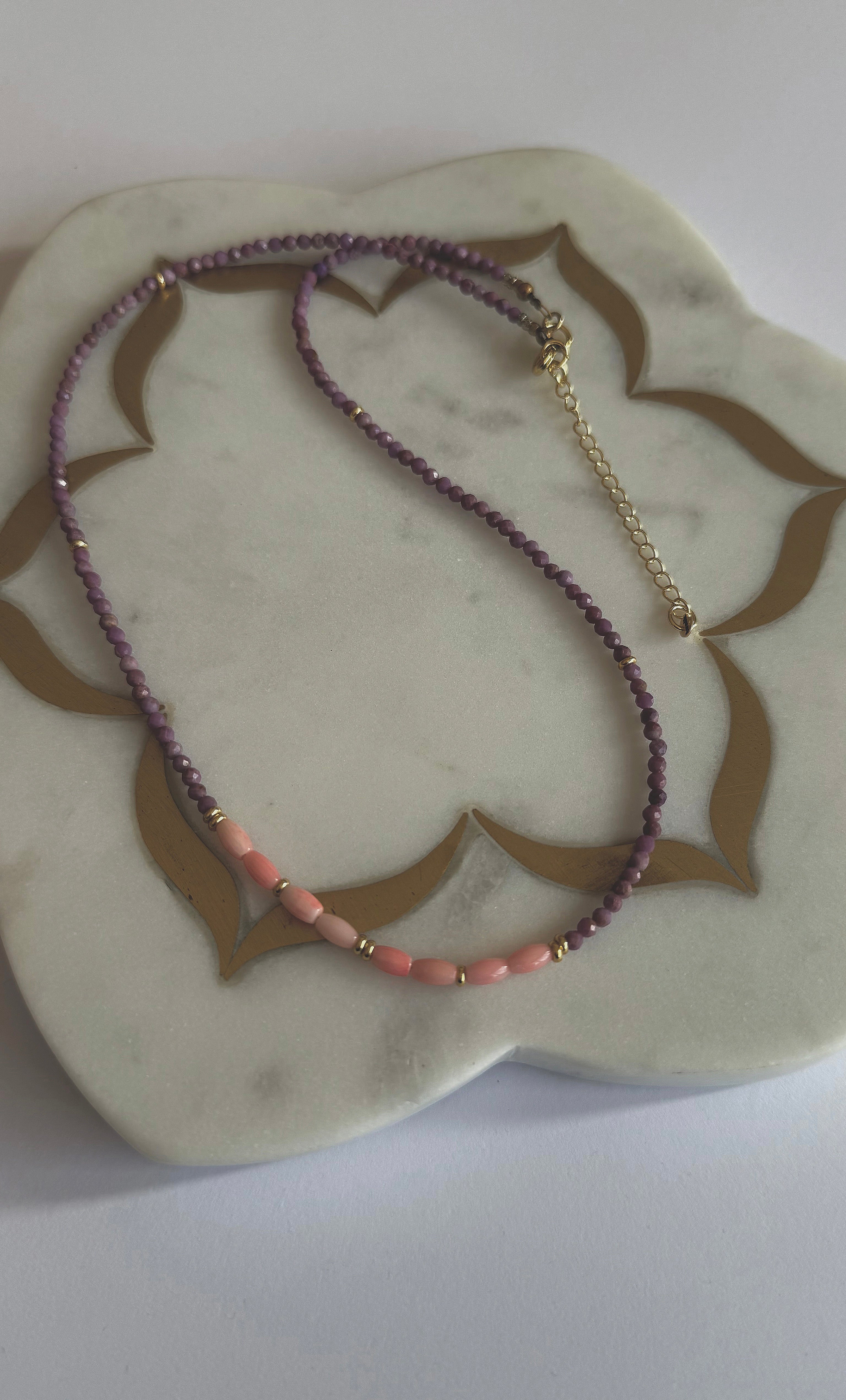 Madre Coral & Lepidolite Necklace – Handmade Gemstone Beaded | Tunik