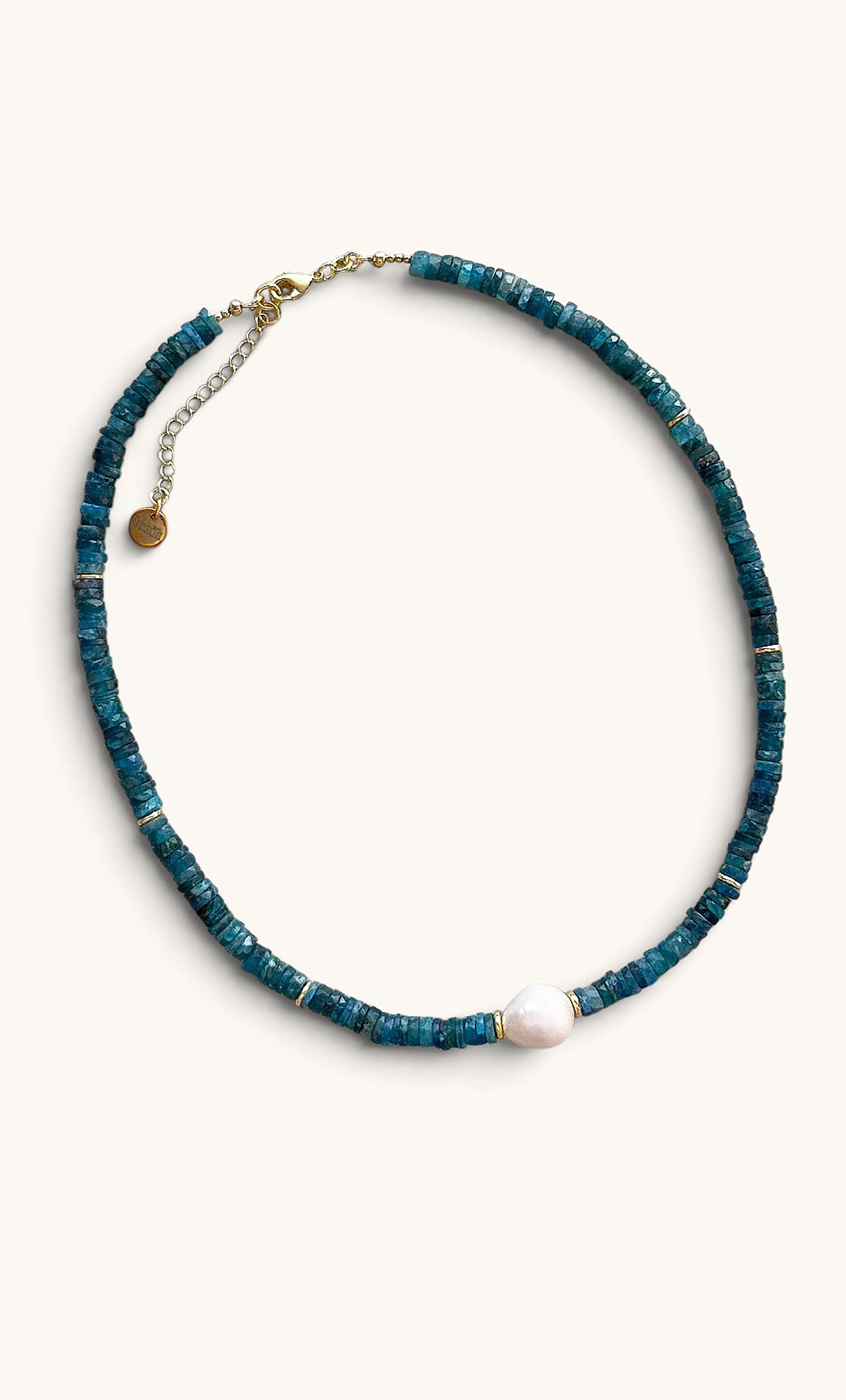 One Off LIMITED EDITION | The Tunik Spellbound Natural Neon Teal Apatite Heishi Bead Necklace with Baroque Pearl